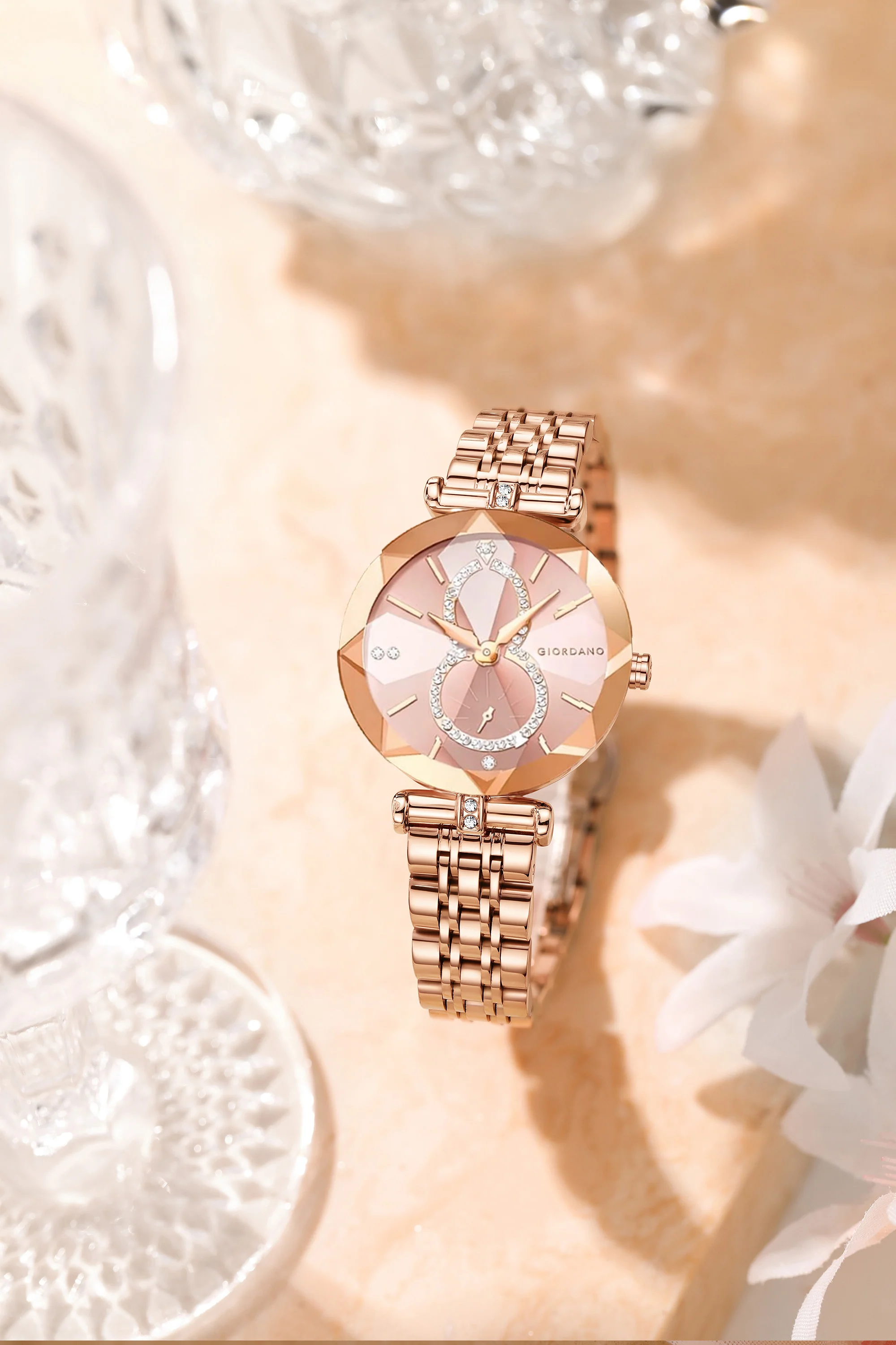 Giordano Luxury Watch for Women – Round Diamond Cut Glass Dial, Elegant Rose Gold Stainless Steel Strap with Quartz Movement - GZ-60092-44 - Image 3