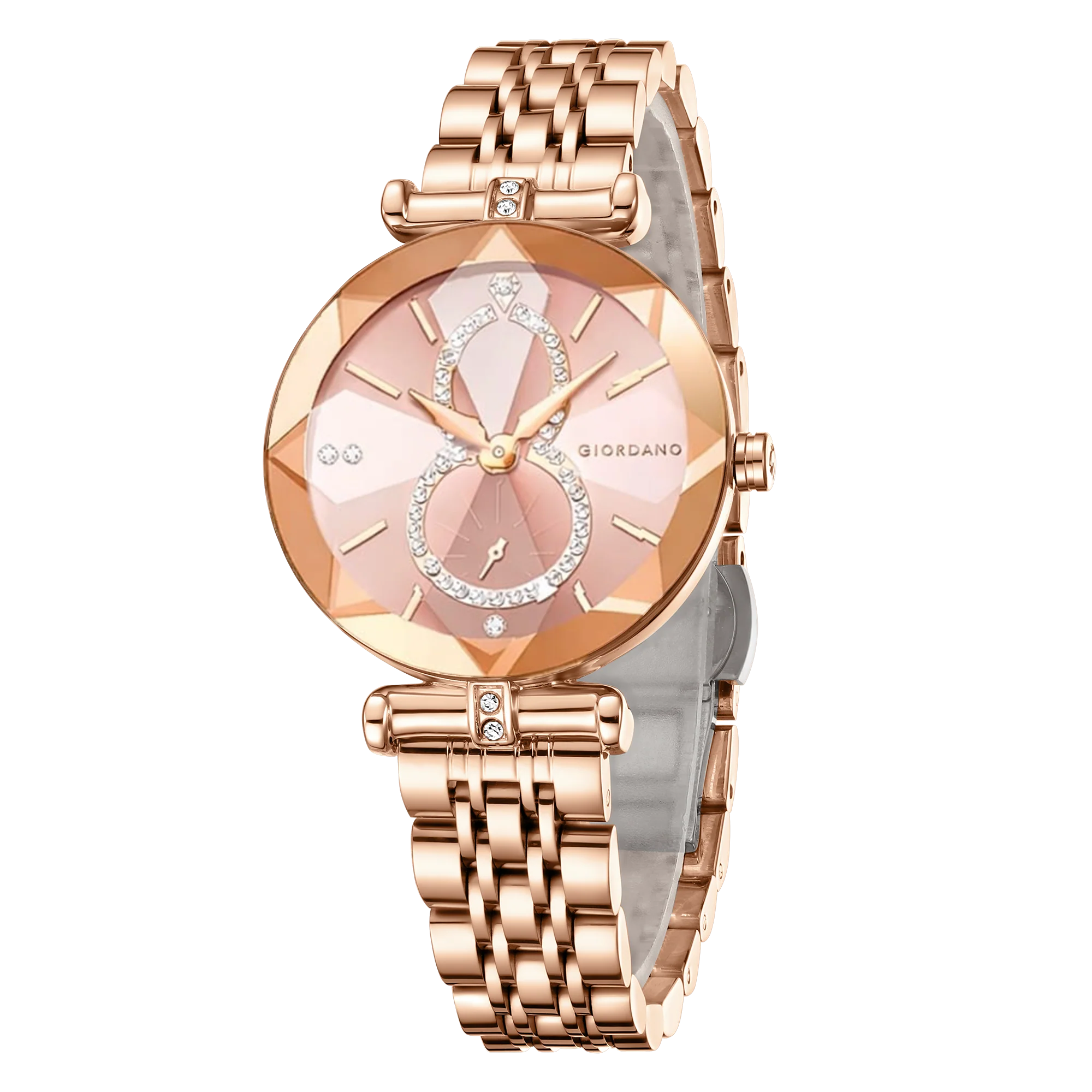 Giordano Luxury Watch for Women – Round Diamond Cut Glass Dial, Elegant Rose Gold Stainless Steel Strap with Quartz Movement - GZ-60092-44 - Image 4