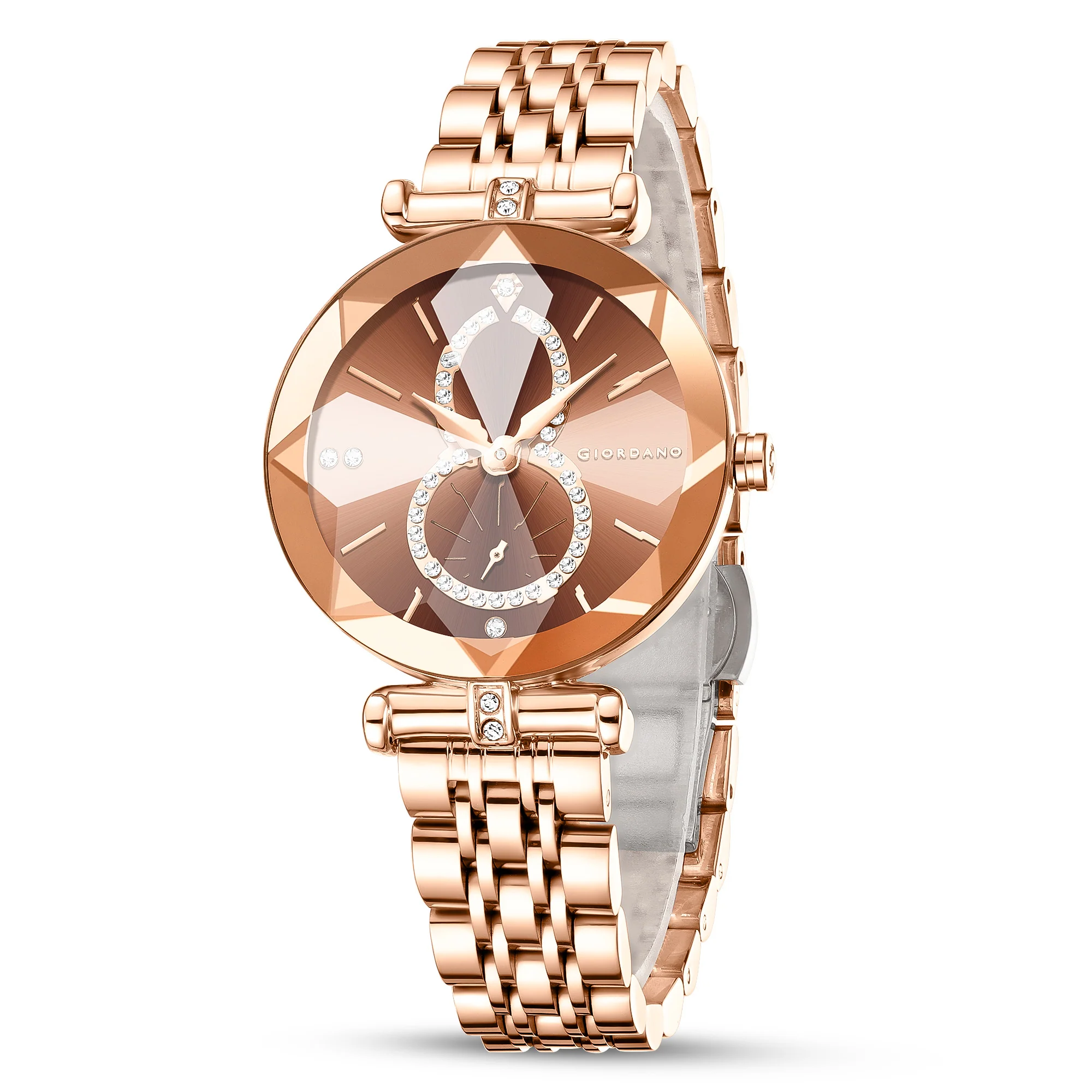 Giordano Luxury Watch for women Round Diamond cut glass Dial,  Elegant Stainless Steel Strap with Quartz Movement-GZ-60092-33 - Image 4