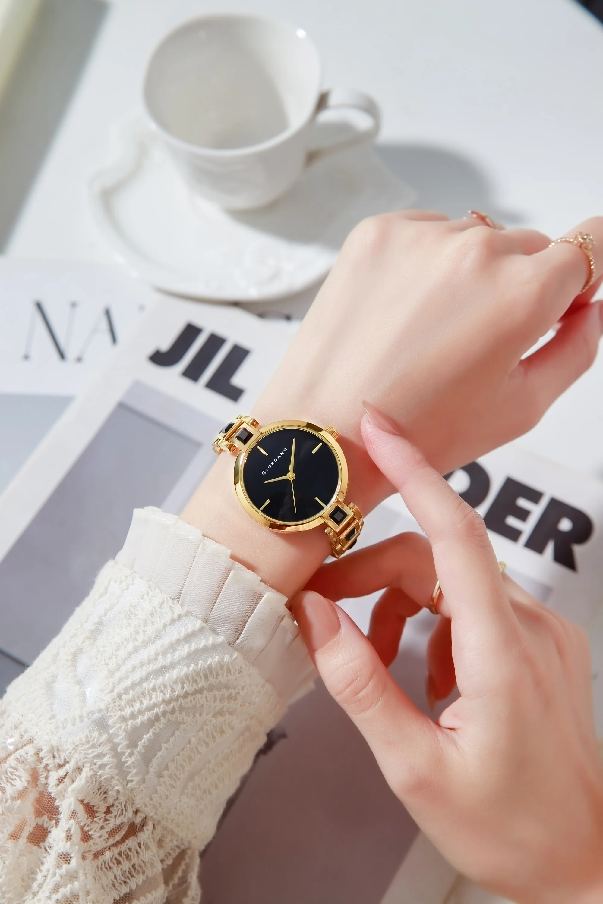 Giordano Luxury Watch for Women – Sleek Dial with Gold Accents and Two-Tone Stone Studded Stainless Steel Strap | GZ-60088-11 - Image 2