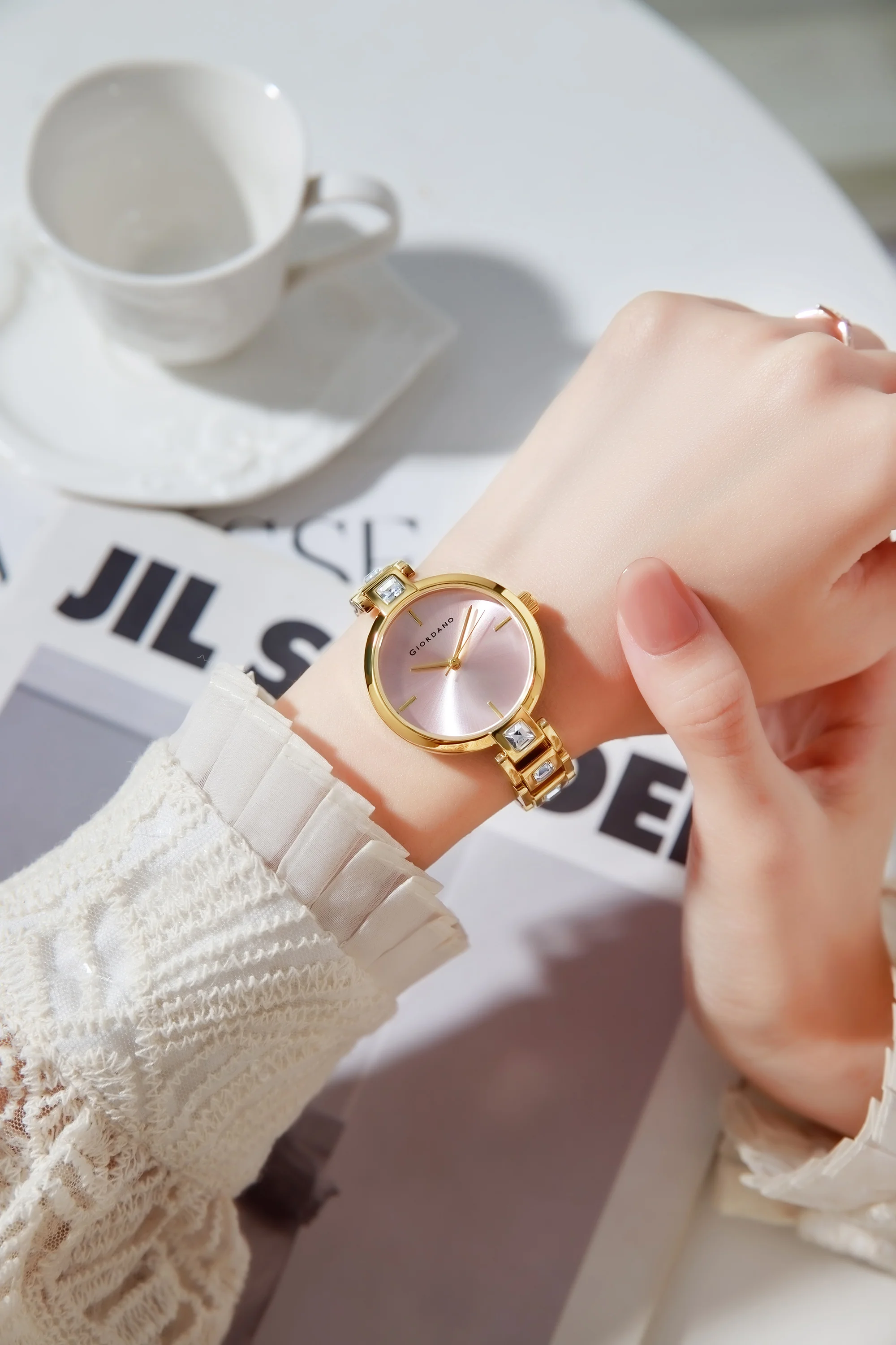 Giordano Luxury Watch for Women – Sleek Dial with Gold Accents and Two-Tone Stone Studded Stainless Steel Strap | GZ-60088-22 - Image 2