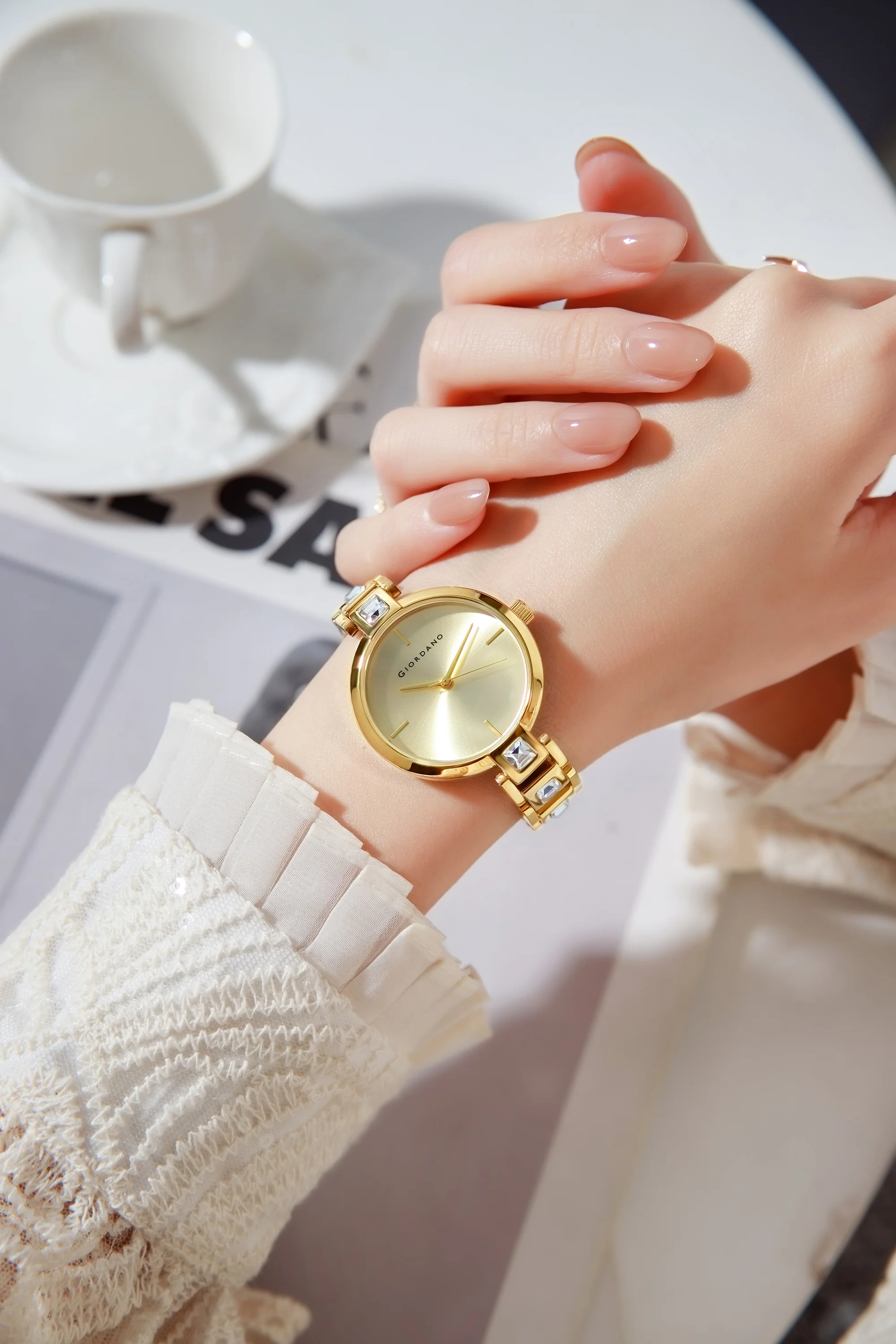Giordano Luxury Watch for Women – Sleek Dial with Gold Accents and Two-Tone Stone Studded Stainless Steel Strap | GZ-60088-33 - Image 2