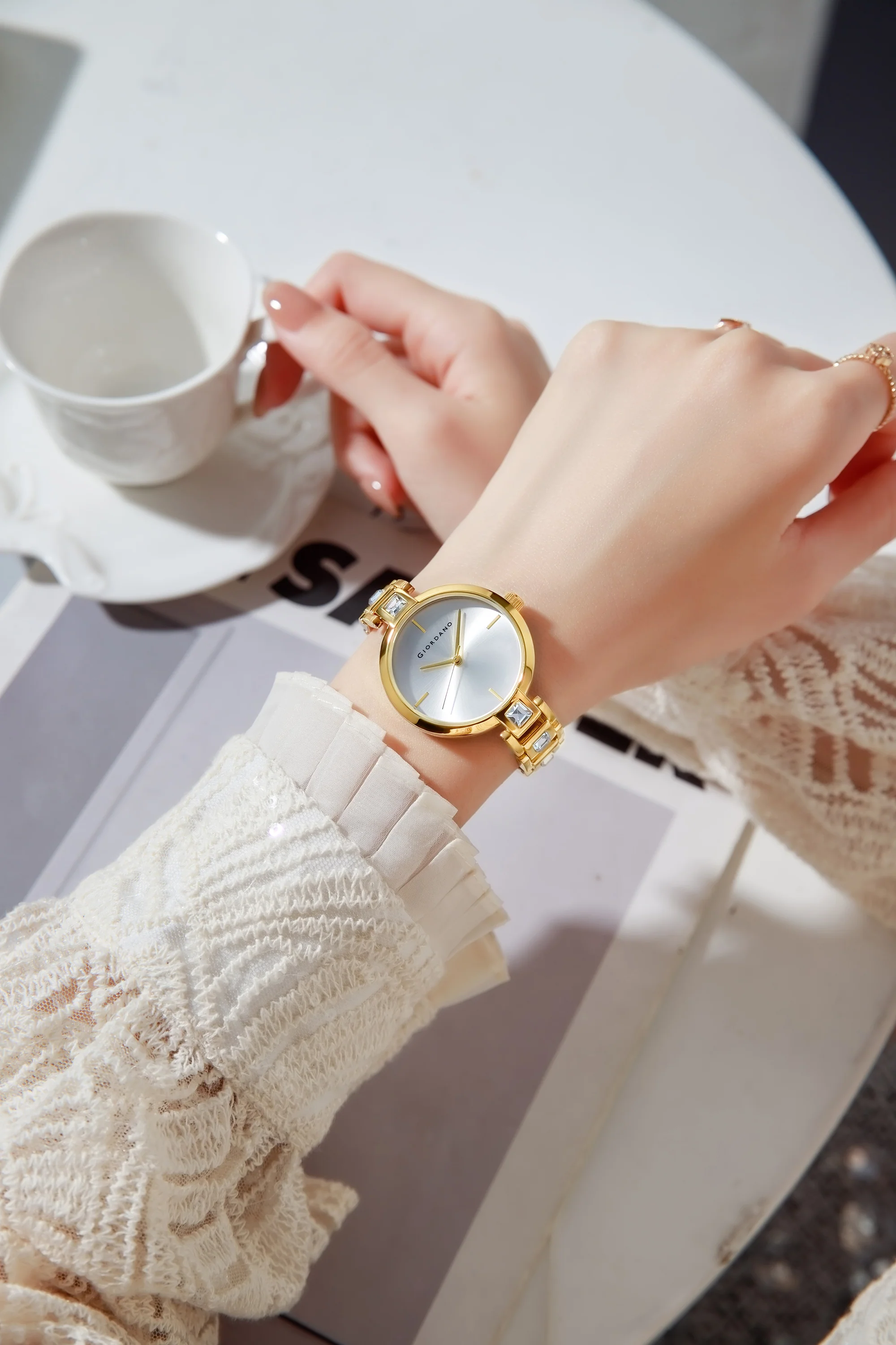 Giordano Luxury Watch for Women – Sleek Dial with Gold Accents and Two-Tone Stone Studded Stainless Steel Strap | GZ-60088-44 - Image 2