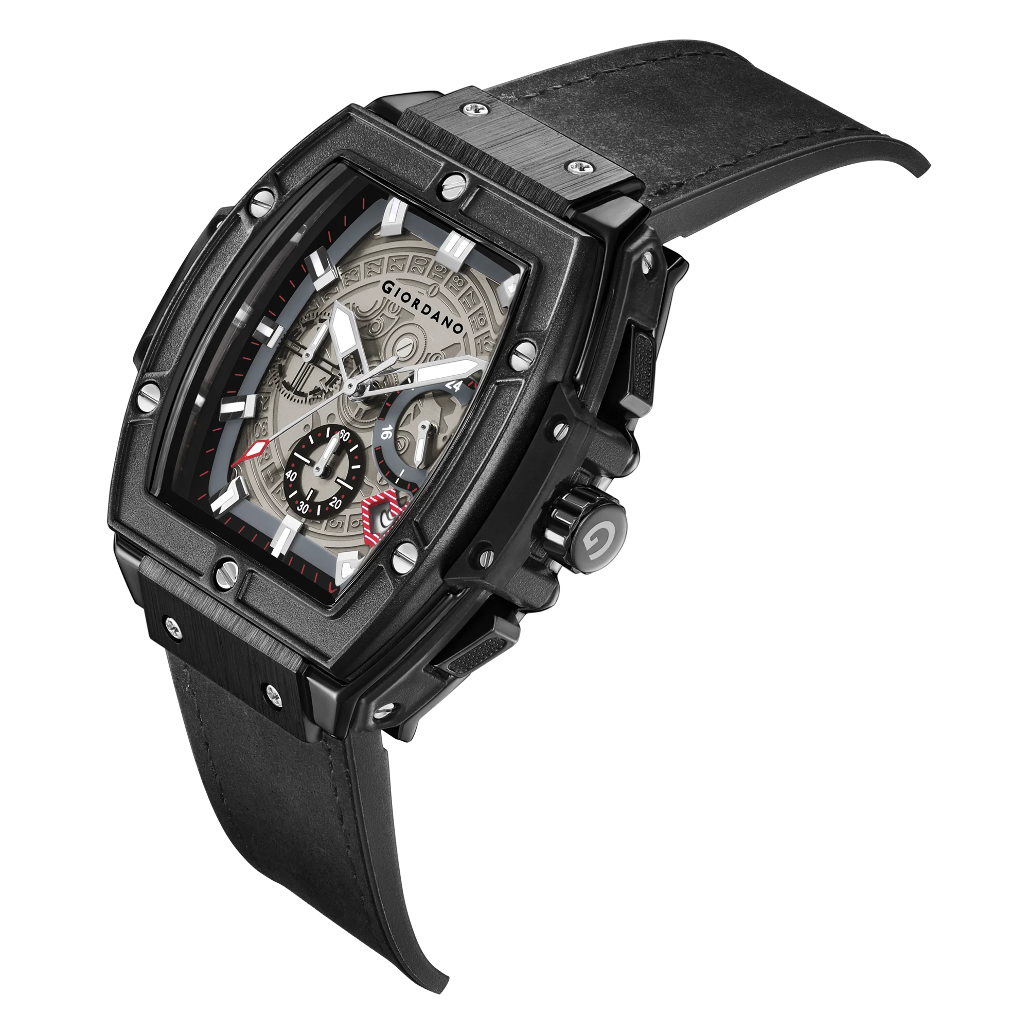 Giordano Terminator Men's Black Leather Multifunction Watch - with Day, Date, and 24-Hour Sub-Dials | Water Resistant Square Dial Unique Design Wrist Watch for Man | GZ-50098-03 - Image 10