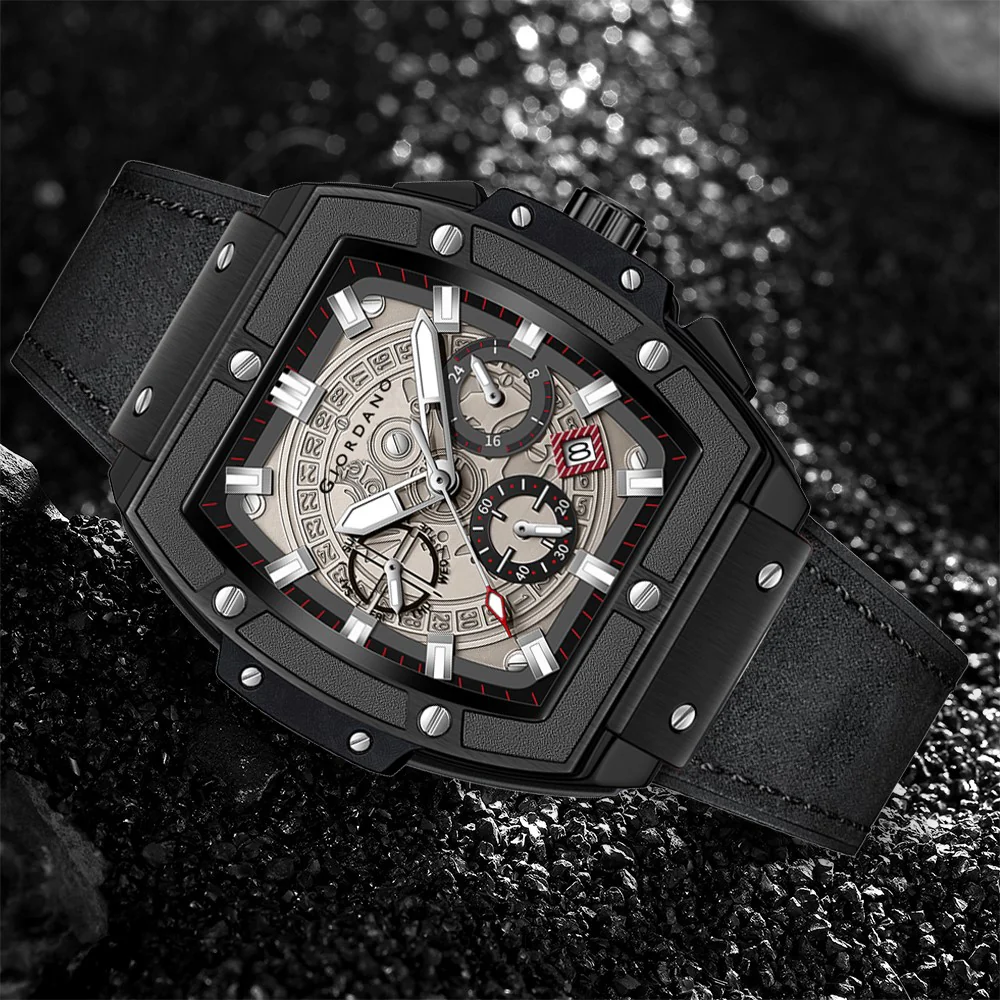 Giordano Terminator Men's Black Leather Multifunction Watch - with Day, Date, and 24-Hour Sub-Dials | Water Resistant Square Dial Unique Design Wrist Watch for Man | GZ-50098-03 - Image 3