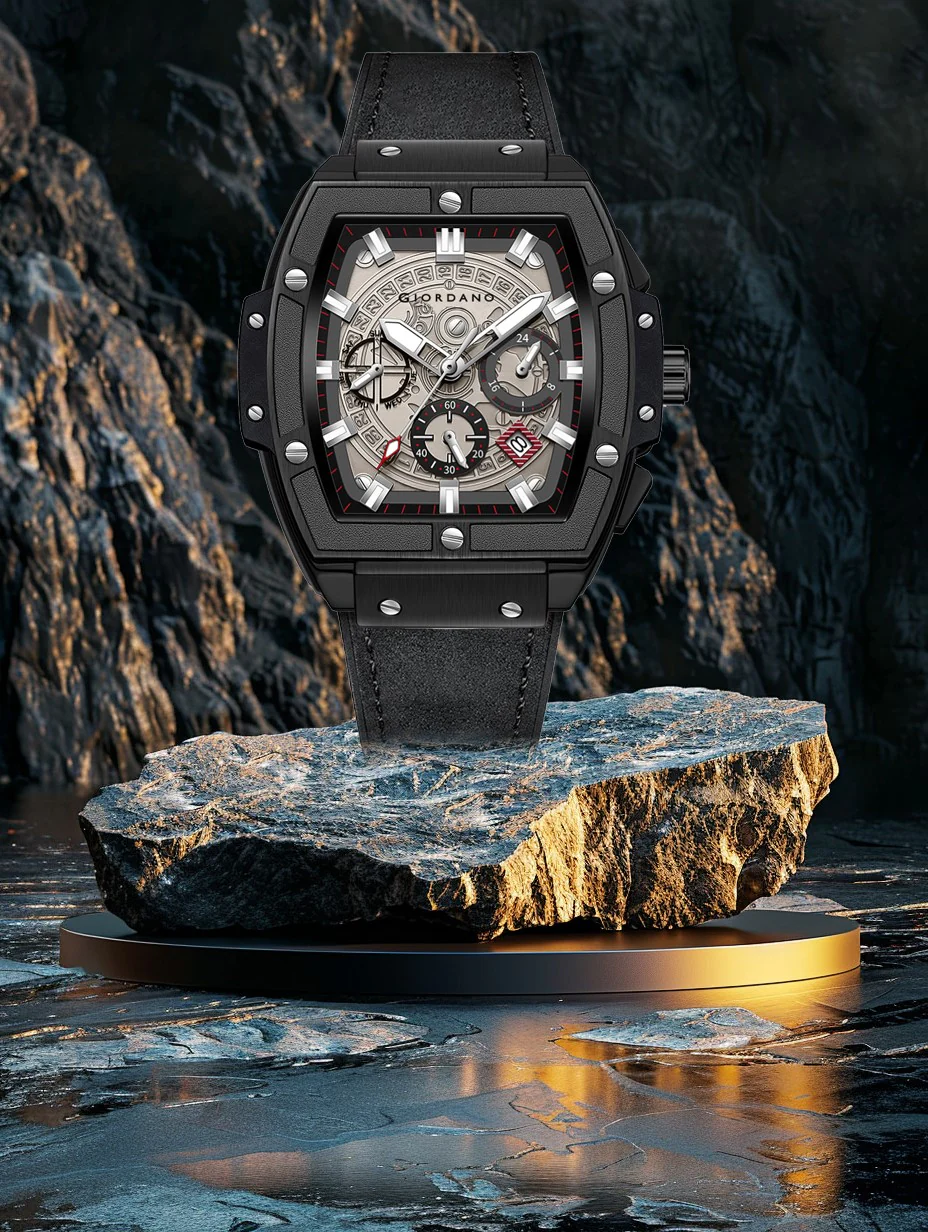 Giordano Terminator Men's Black Leather Multifunction Watch - with Day, Date, and 24-Hour Sub-Dials | Water Resistant Square Dial Unique Design Wrist Watch for Man | GZ-50098-03 - Image 4