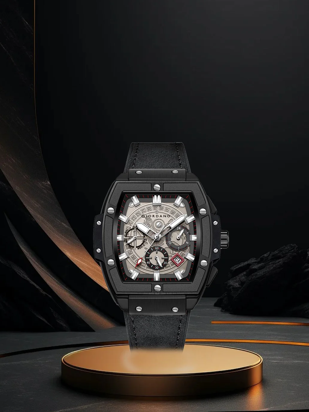 Giordano Terminator Men's Black Leather Multifunction Watch - with Day, Date, and 24-Hour Sub-Dials | Water Resistant Square Dial Unique Design Wrist Watch for Man | GZ-50098-03 - Image 5