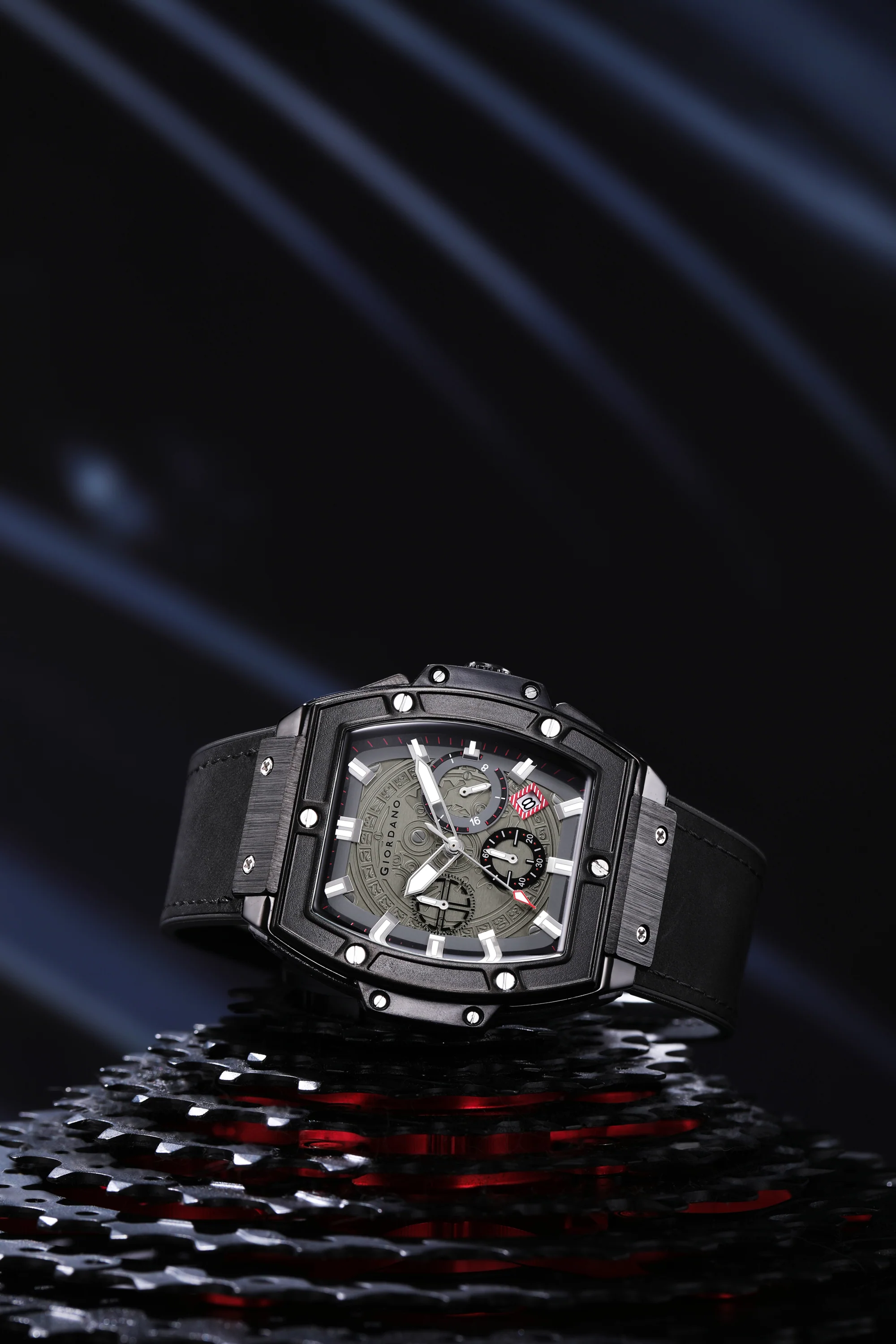 Giordano Terminator Men's Black Leather Multifunction Watch - with Day, Date, and 24-Hour Sub-Dials | Water Resistant Square Dial Unique Design Wrist Watch for Man | GZ-50098-03 - Image 6