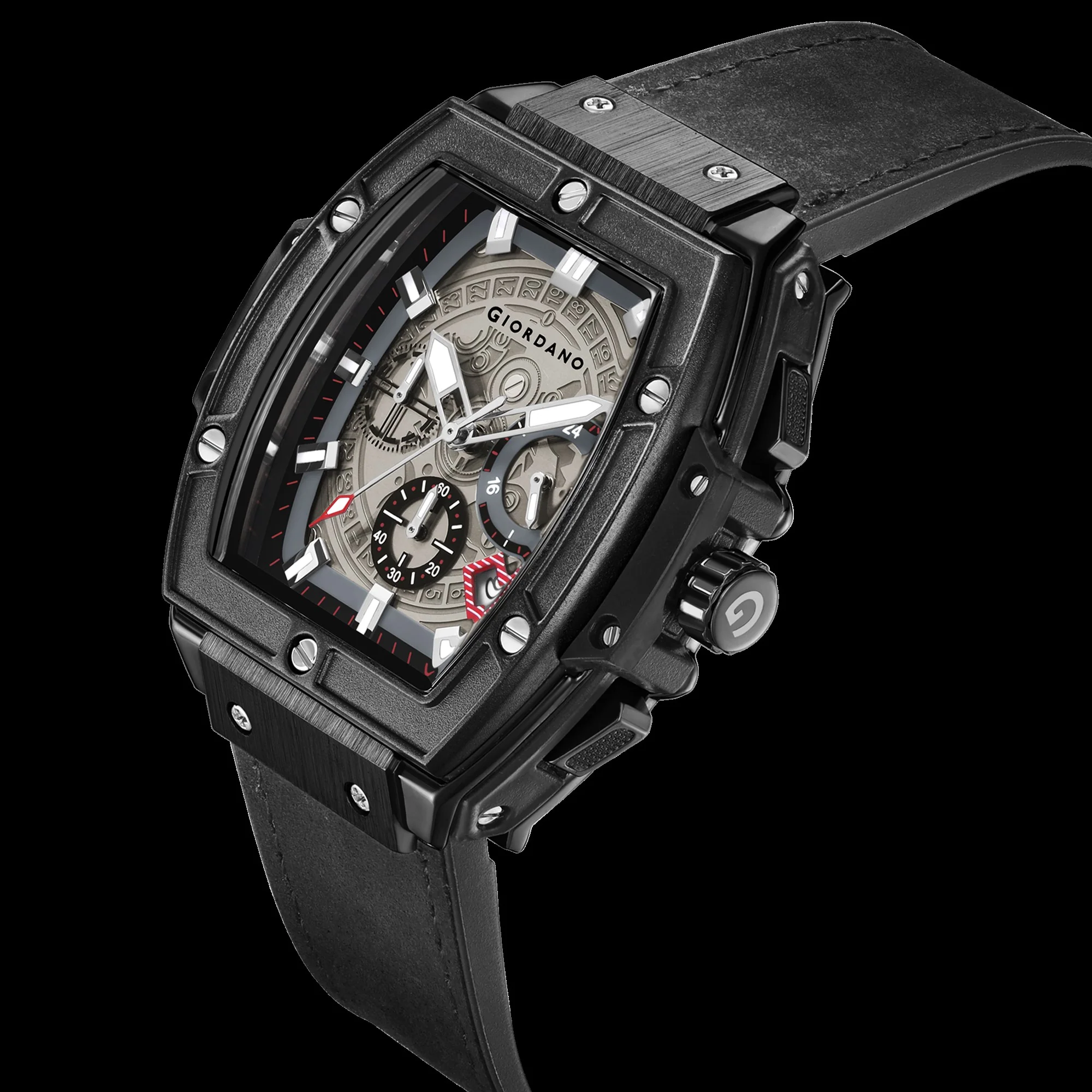 Giordano Terminator Men's Black Leather Multifunction Watch - with Day, Date, and 24-Hour Sub-Dials | Water Resistant Square Dial Unique Design Wrist Watch for Man | GZ-50098-03 - Image 7