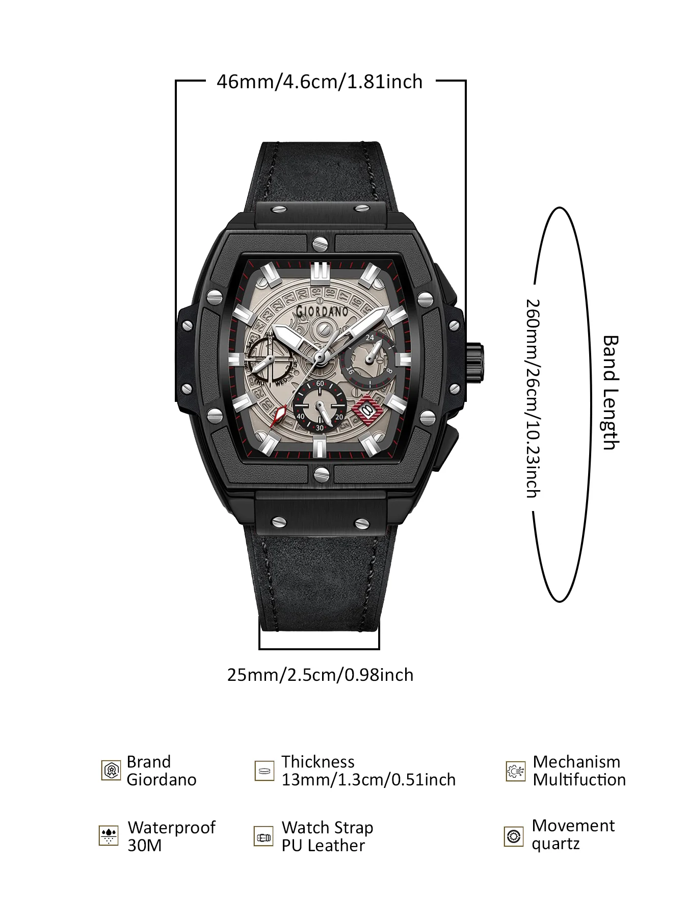 Giordano Terminator Men's Black Leather Multifunction Watch - with Day, Date, and 24-Hour Sub-Dials | Water Resistant Square Dial Unique Design Wrist Watch for Man | GZ-50098-03 - Image 8