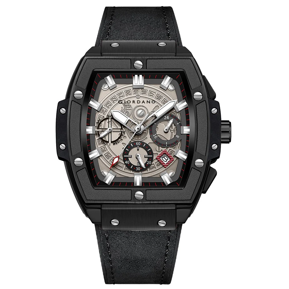 Giordano Terminator Men's Black Leather Multifunction Watch - with Day, Date, and 24-Hour Sub-Dials | Water Resistant Square Dial Unique Design Wrist Watch for Man | GZ-50098-03 - Image 9