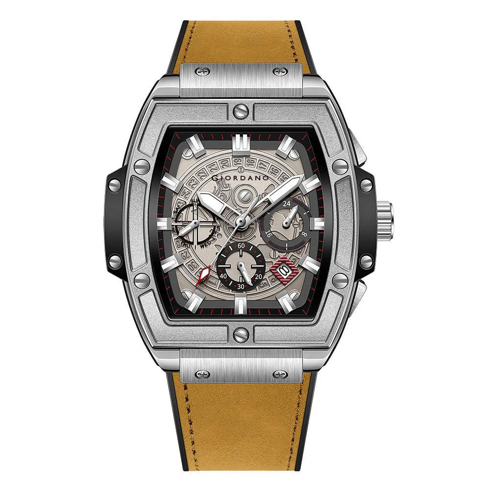 Giordano Terminator Men's Brown Leather Multifunction Watch - with Day, Date, and 24-Hour Sub-Dials | Water Resistant Square Dial Unique Design Wrist Watch for Man | GZ-50098-01 - Image 10