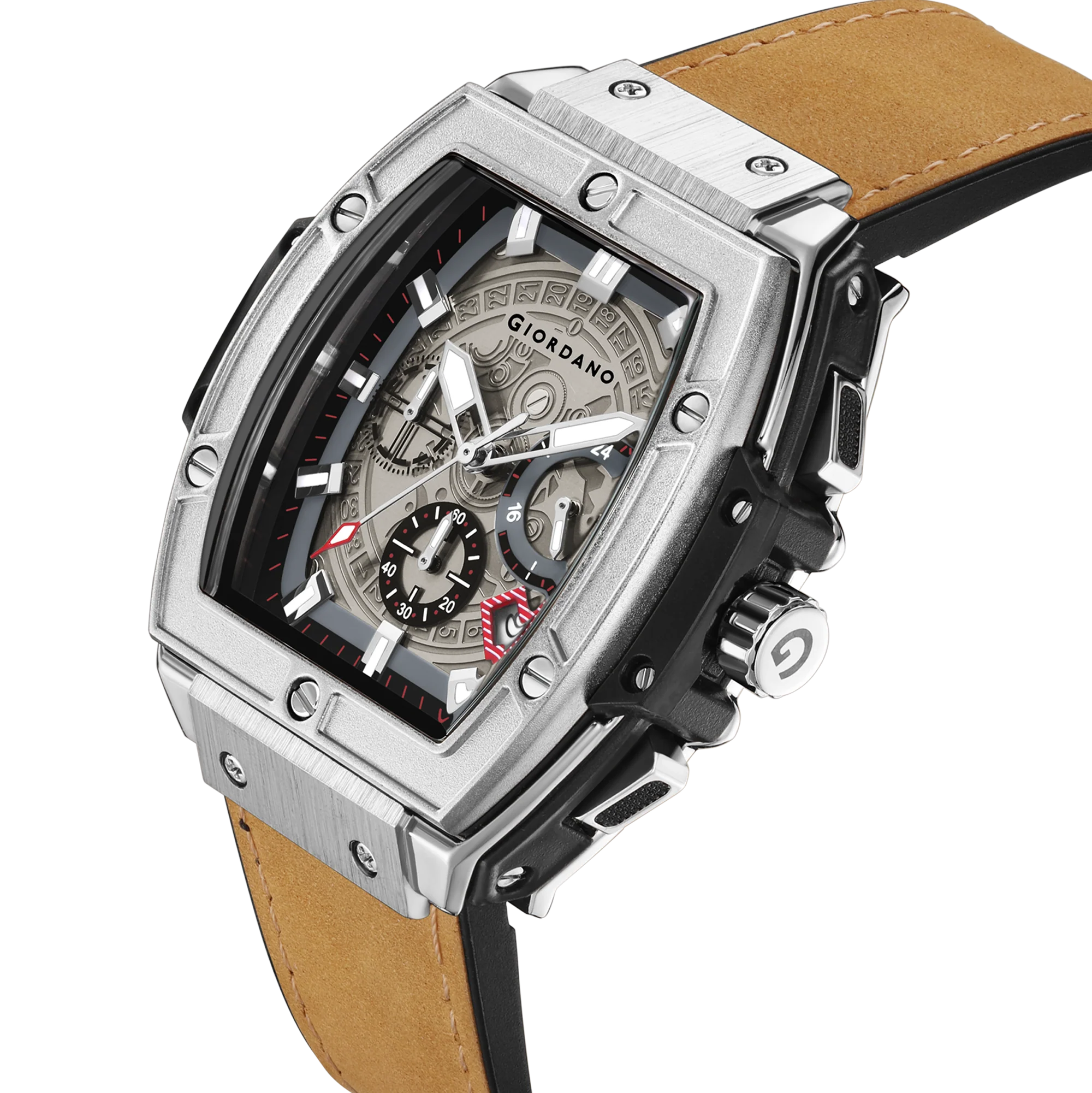 Giordano Terminator Men's Brown Leather Multifunction Watch - with Day, Date, and 24-Hour Sub-Dials | Water Resistant Square Dial Unique Design Wrist Watch for Man | GZ-50098-01 - Image 11