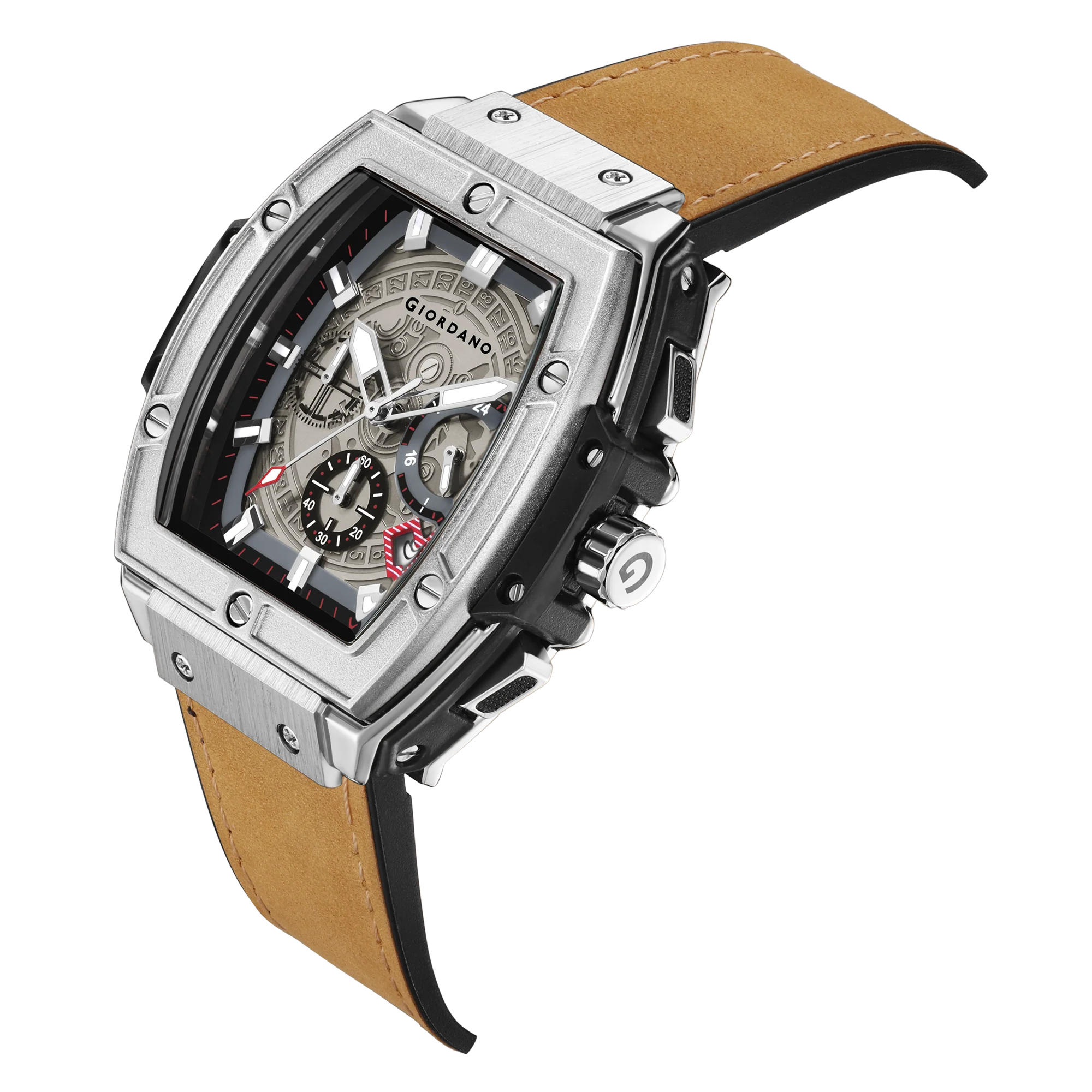 Giordano Terminator Men's Brown Leather Multifunction Watch - with Day, Date, and 24-Hour Sub-Dials | Water Resistant Square Dial Unique Design Wrist Watch for Man | GZ-50098-01 - Image 12