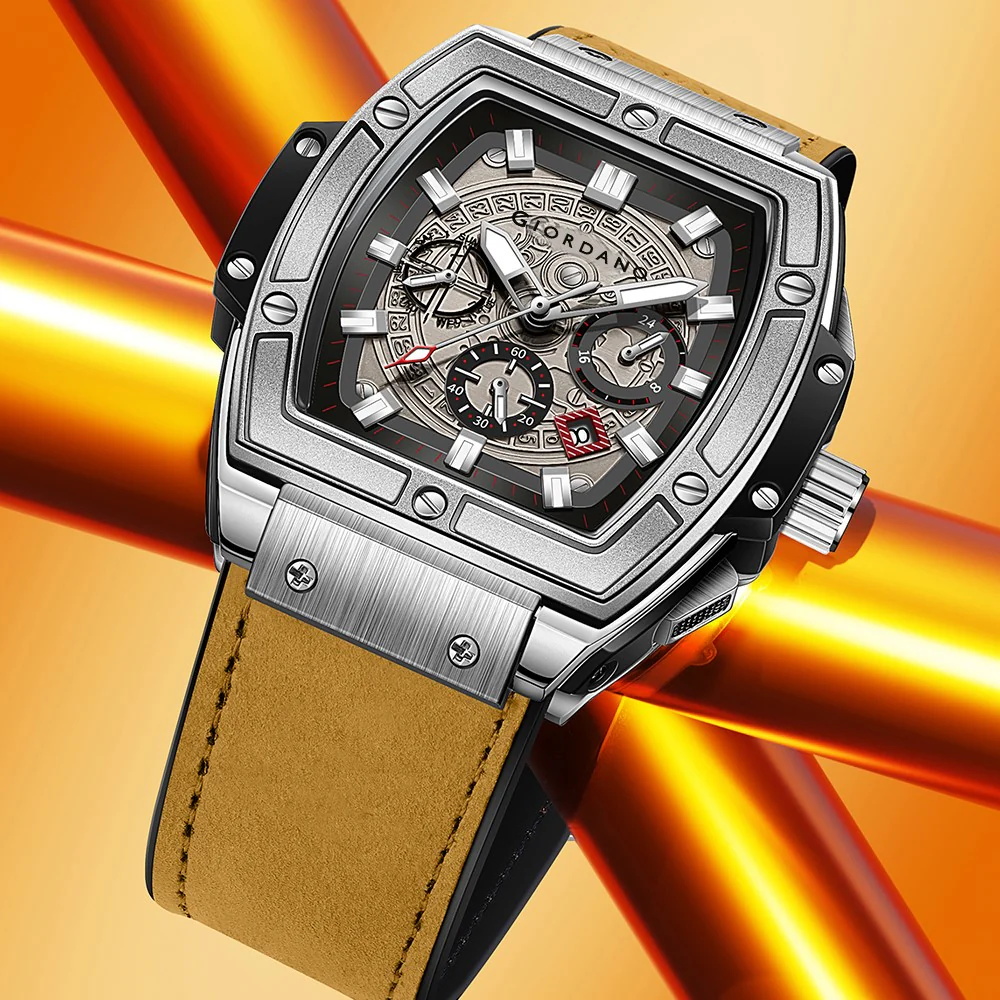 Giordano Terminator Men's Brown Leather Multifunction Watch - with Day, Date, and 24-Hour Sub-Dials | Water Resistant Square Dial Unique Design Wrist Watch for Man | GZ-50098-01 - Image 3