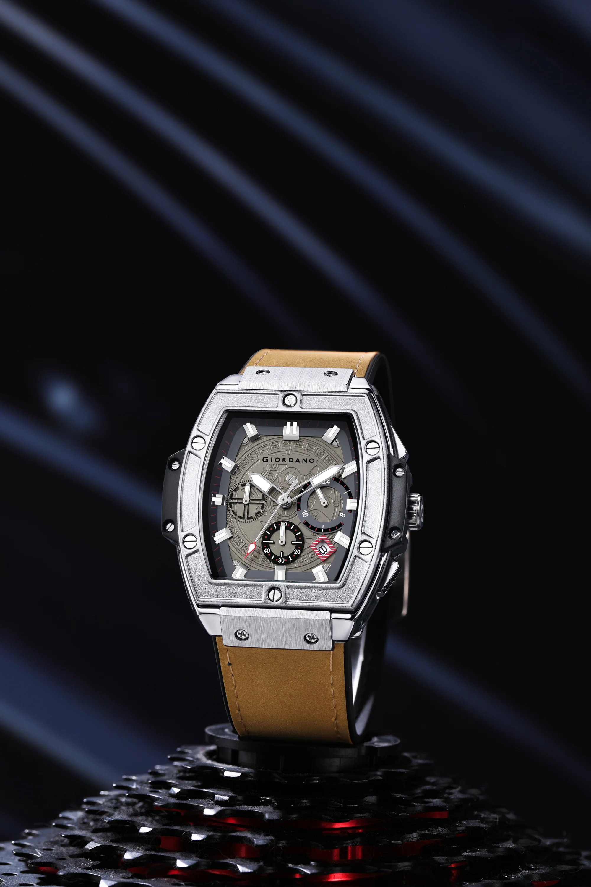 Giordano Terminator Men's Brown Leather Multifunction Watch - with Day, Date, and 24-Hour Sub-Dials | Water Resistant Square Dial Unique Design Wrist Watch for Man | GZ-50098-01 - Image 4