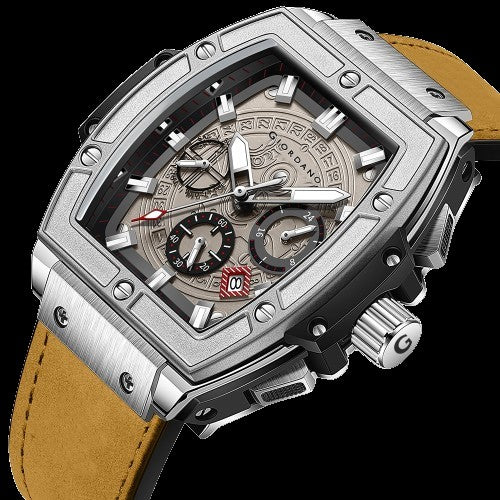 Giordano Terminator Men's Brown Leather Multifunction Watch - with Day, Date, and 24-Hour Sub-Dials | Water Resistant Square Dial Unique Design Wrist Watch for Man | GZ-50098-01 - Image 6