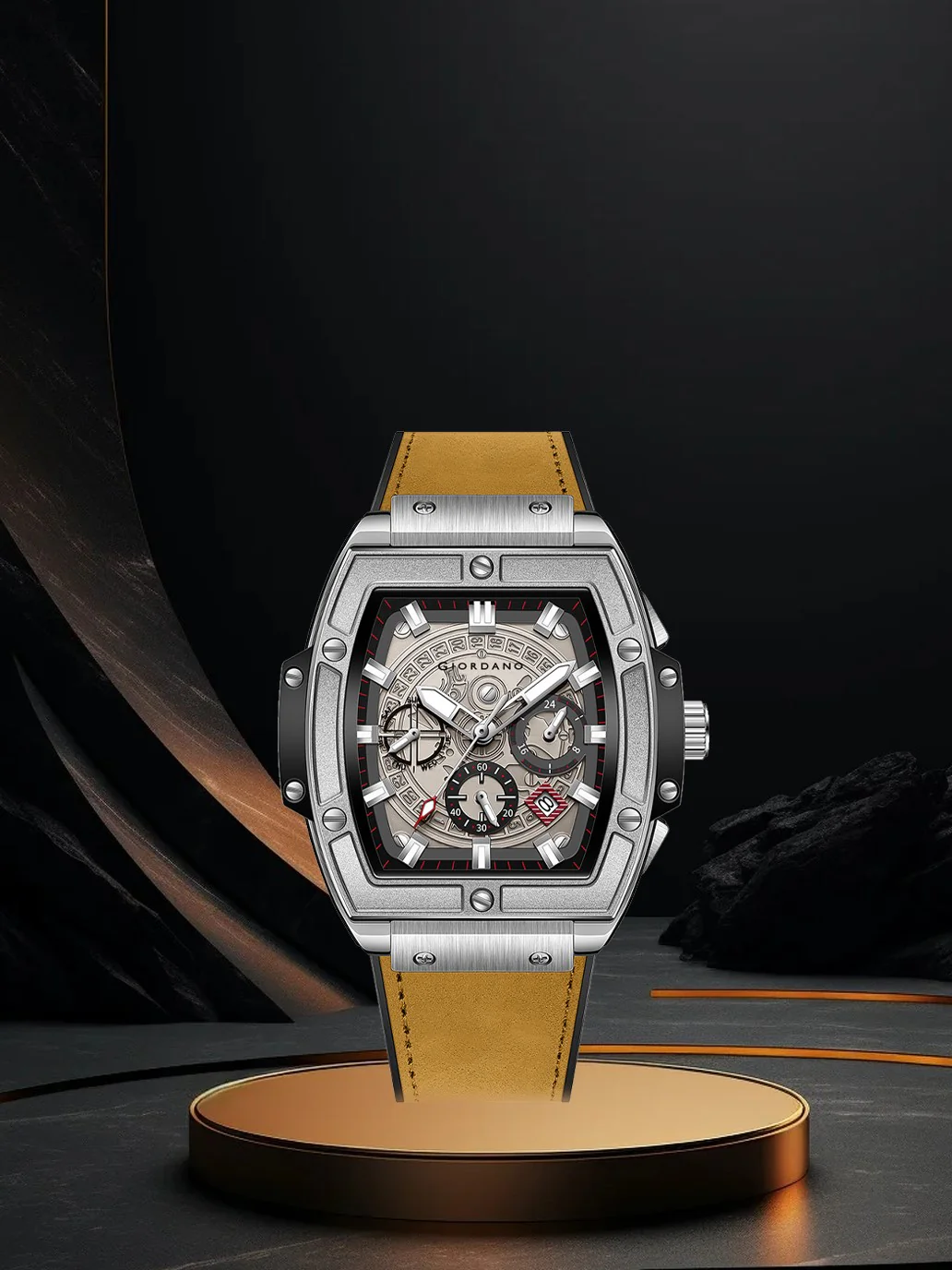Giordano Terminator Men's Brown Leather Multifunction Watch - with Day, Date, and 24-Hour Sub-Dials | Water Resistant Square Dial Unique Design Wrist Watch for Man | GZ-50098-01 - Image 8