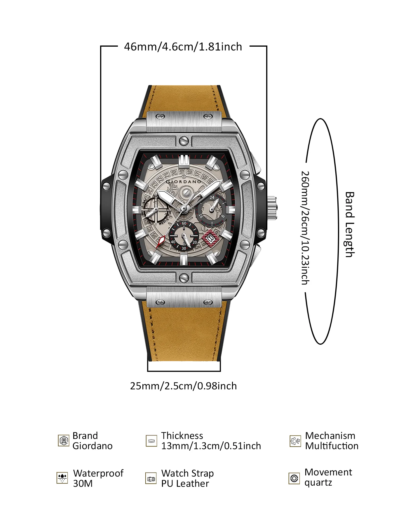 Giordano Terminator Men's Brown Leather Multifunction Watch - with Day, Date, and 24-Hour Sub-Dials | Water Resistant Square Dial Unique Design Wrist Watch for Man | GZ-50098-01 - Image 9