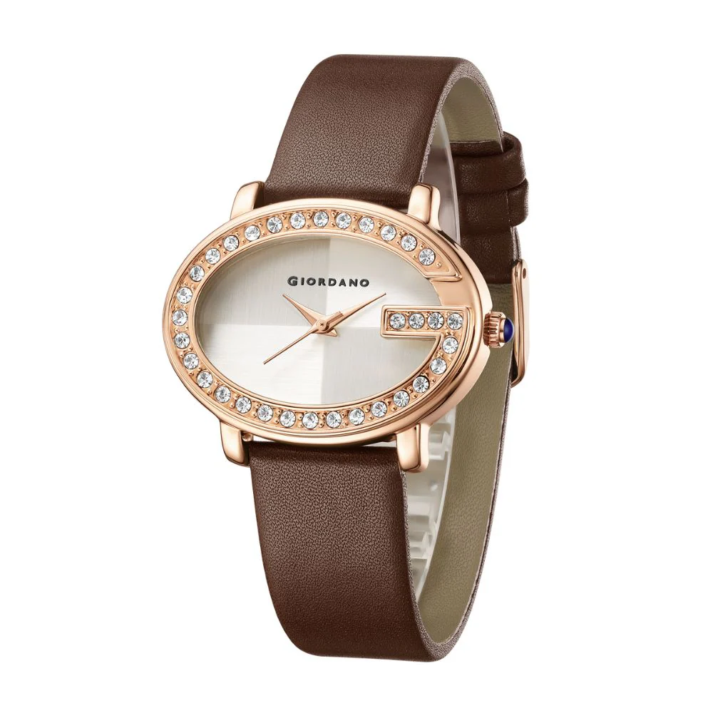 Giordano Monogram Watch for Women with Elegant Oval Shape Dial ,crystal bezel, Quartz Movement and Leather Strap | GZ-60105-02 - Image 5