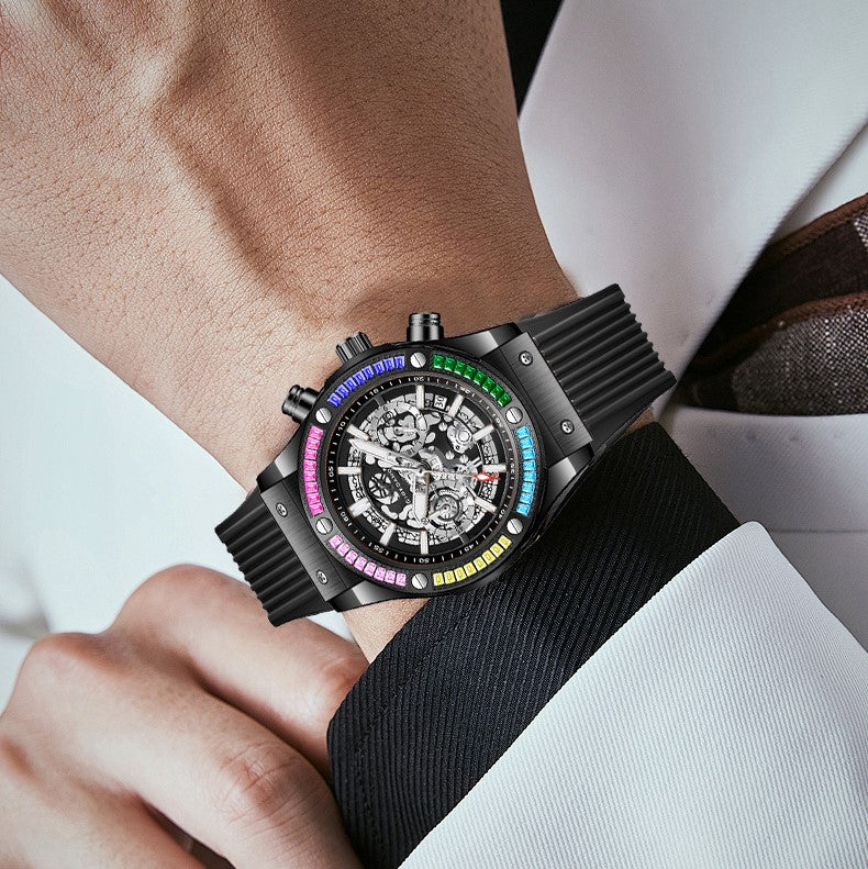 Giordano Multi-Function Watch for Men | Rainbow Crystal Bezel | Skeleton Dial | Black Sillicon Strap | GZ-50130-01 - Image 2