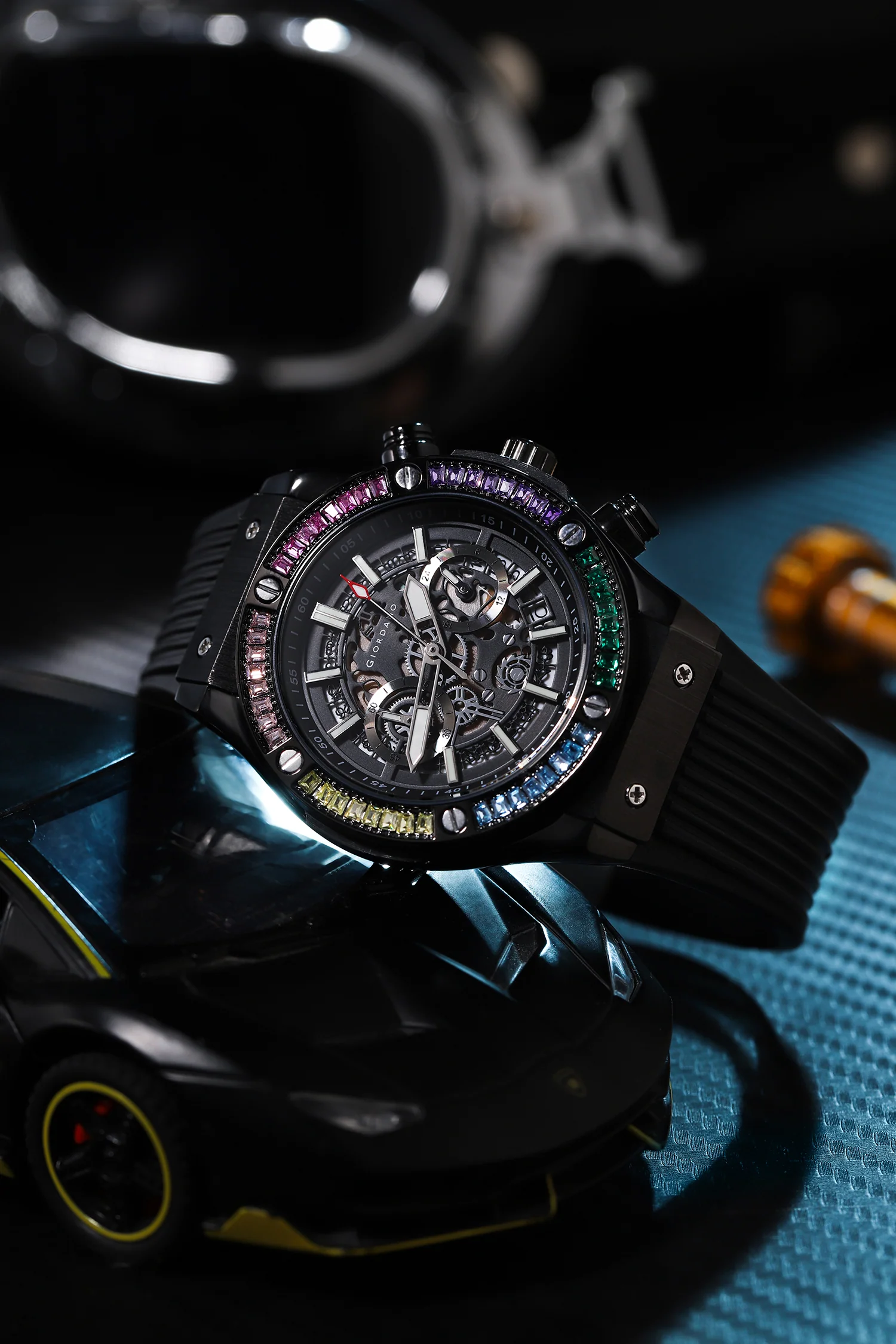 Giordano Multi-Function Watch for Men | Rainbow Crystal Bezel | Skeleton Dial | Black Sillicon Strap | GZ-50130-01 - Image 3