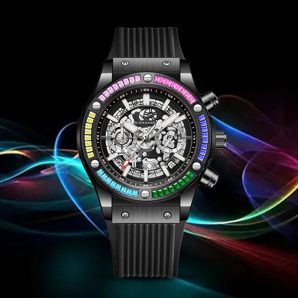 Giordano Multi-Function Watch for Men | Rainbow Crystal Bezel | Skeleton Dial | Black Sillicon Strap | GZ-50130-01 - Image 4