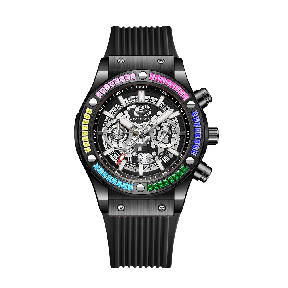 Giordano Multi-Function Watch for Men | Rainbow Crystal Bezel | Skeleton Dial | Black Sillicon Strap | GZ-50130-01 - Image 5