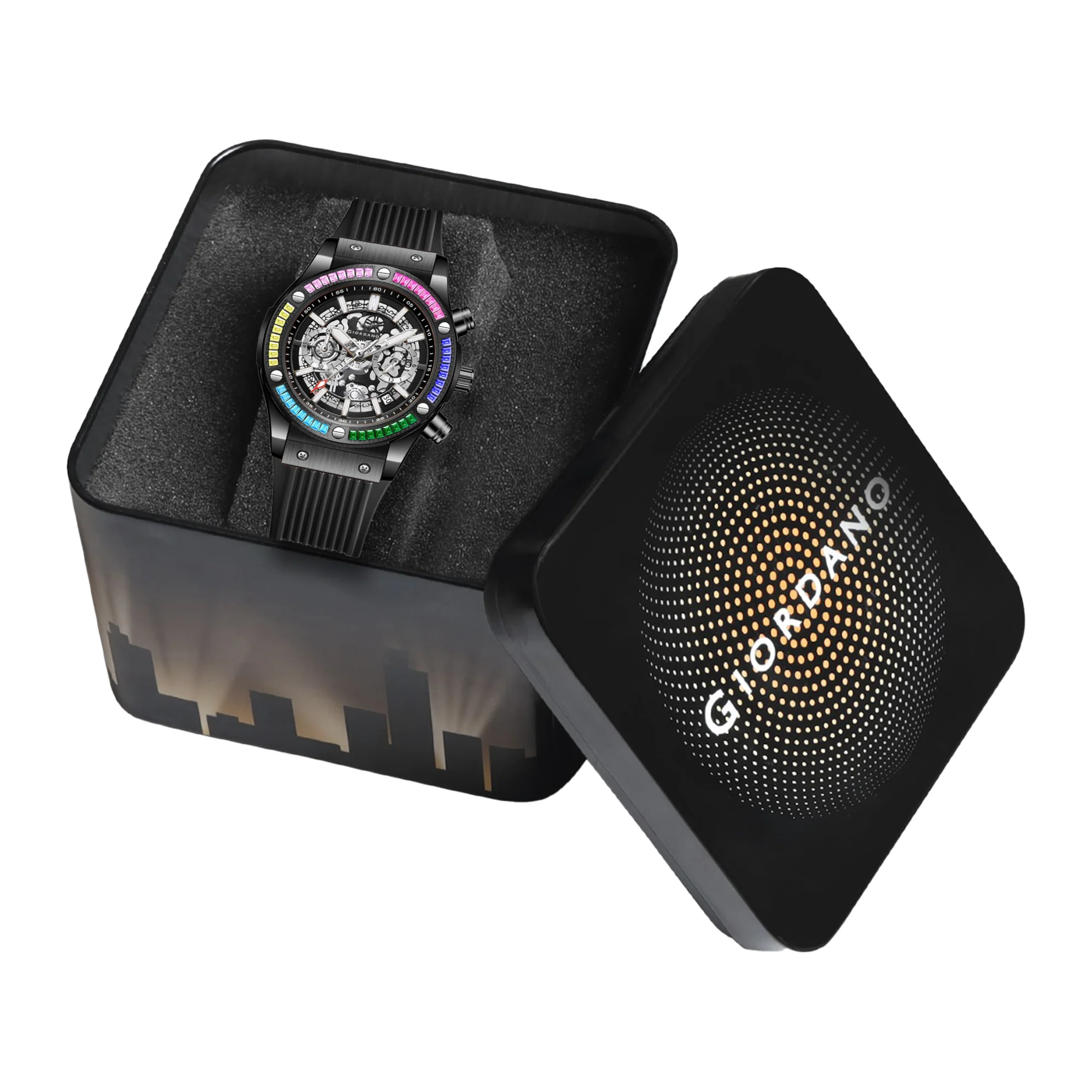 Giordano Multi-Function Watch for Men | Rainbow Crystal Bezel | Skeleton Dial | Black Sillicon Strap | GZ-50130-01 - Image 6