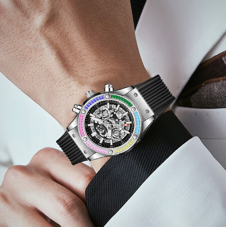 Giordano Multi-Function Watch for Men | Rainbow Crystal Bezel | Skeleton Dial | Black Sillicon Strap | GZ-50130-02 - Image 2