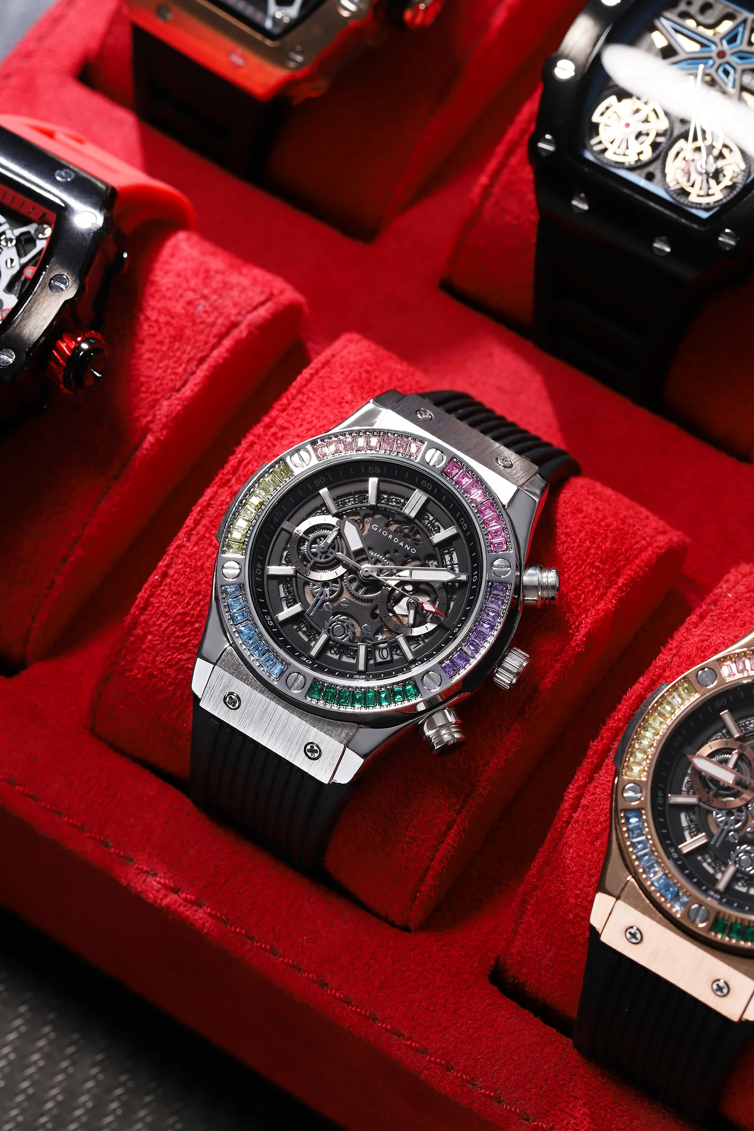 Giordano Multi-Function Watch for Men | Rainbow Crystal Bezel | Skeleton Dial | Black Sillicon Strap | GZ-50130-02 - Image 3
