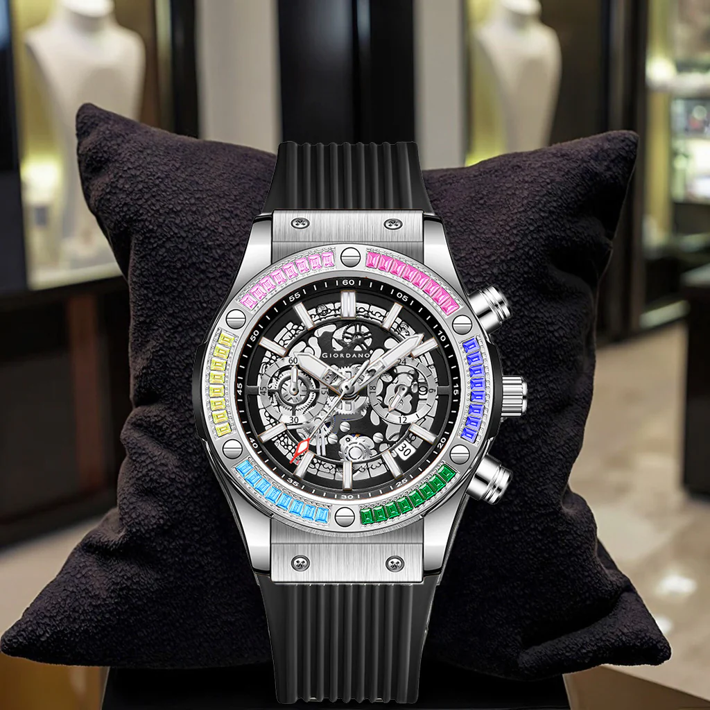 Giordano Multi-Function Watch for Men | Rainbow Crystal Bezel | Skeleton Dial | Black Sillicon Strap | GZ-50130-02 - Image 4