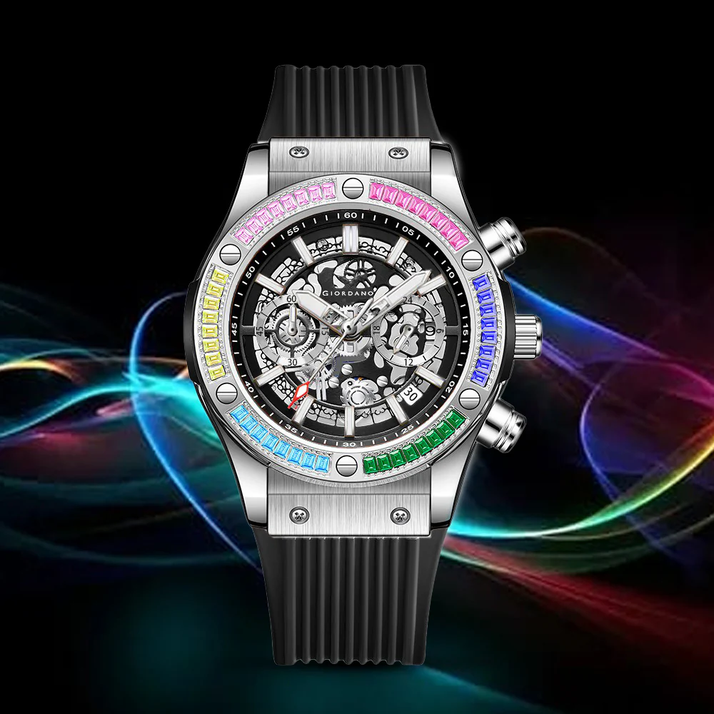 Giordano Multi-Function Watch for Men | Rainbow Crystal Bezel | Skeleton Dial | Black Sillicon Strap | GZ-50130-02 - Image 5