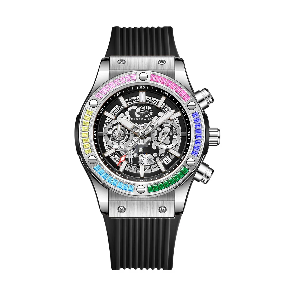 Giordano Multi-Function Watch for Men | Rainbow Crystal Bezel | Skeleton Dial | Black Sillicon Strap | GZ-50130-02 - Image 6