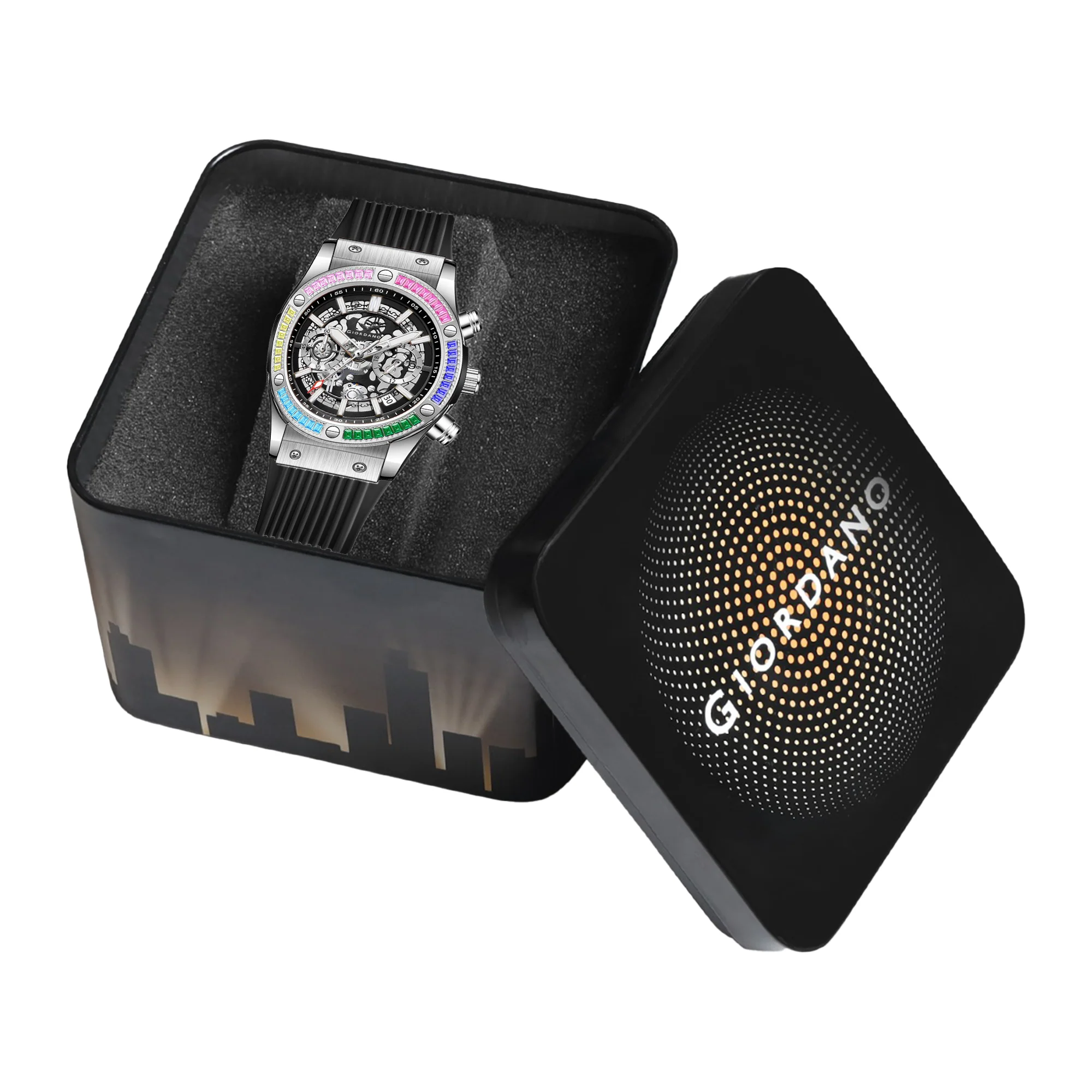 Giordano Multi-Function Watch for Men | Rainbow Crystal Bezel | Skeleton Dial | Black Sillicon Strap | GZ-50130-02 - Image 7