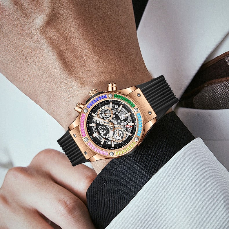 Giordano Multi-Function Watch for Men | Rainbow Crystal Bezel | Skeleton Dial | Black Sillicon Strap | GZ-50130-03 - Image 2