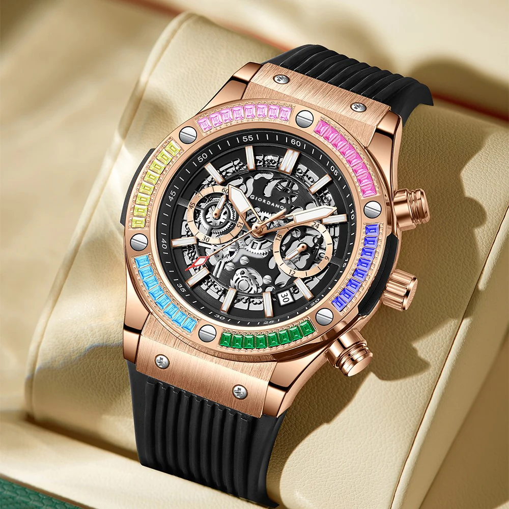 Giordano Multi-Function Watch for Men | Rainbow Crystal Bezel | Skeleton Dial | Black Sillicon Strap | GZ-50130-03 - Image 3