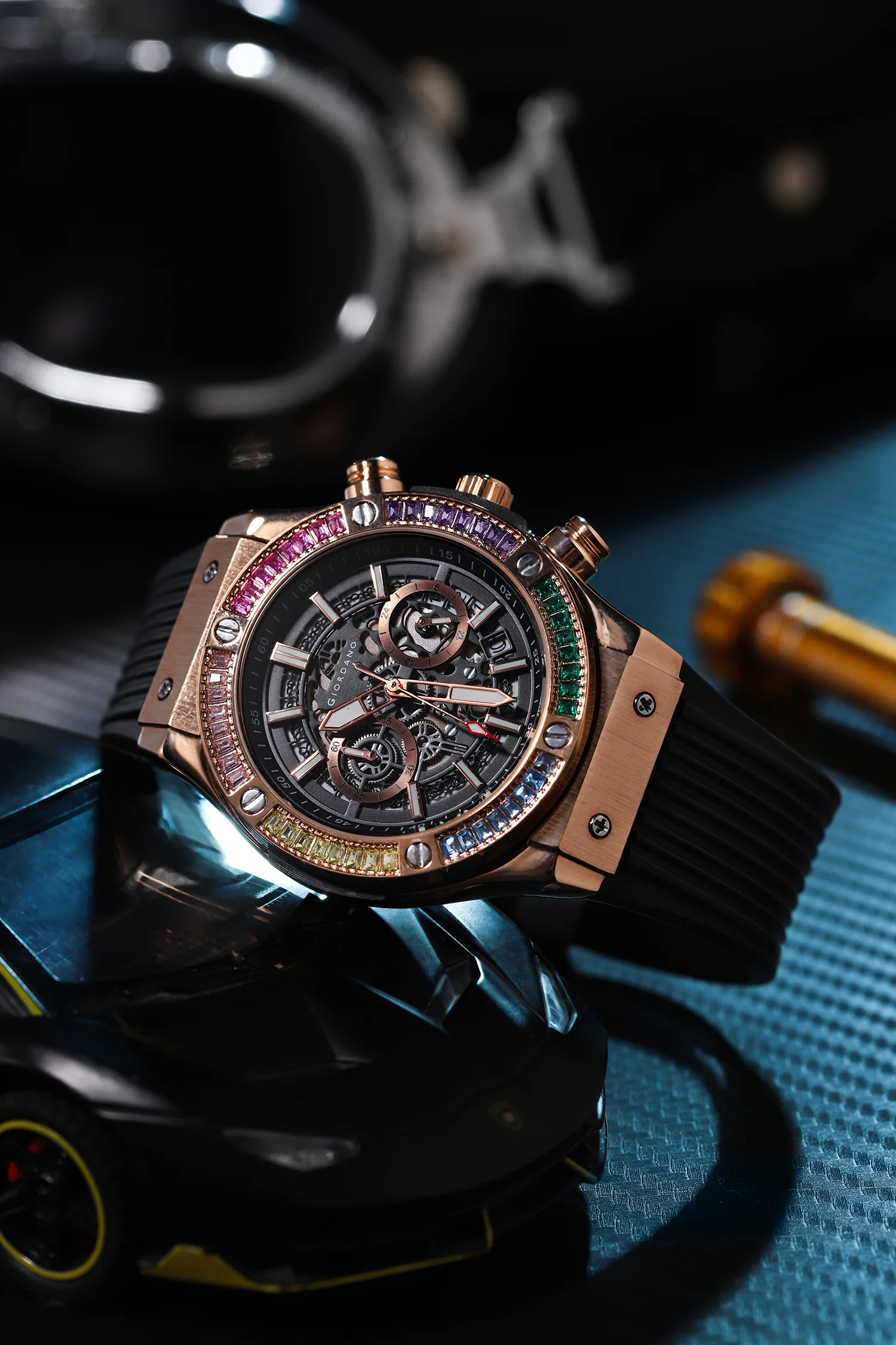 Giordano Multi-Function Watch for Men | Rainbow Crystal Bezel | Skeleton Dial | Black Sillicon Strap | GZ-50130-03 - Image 4