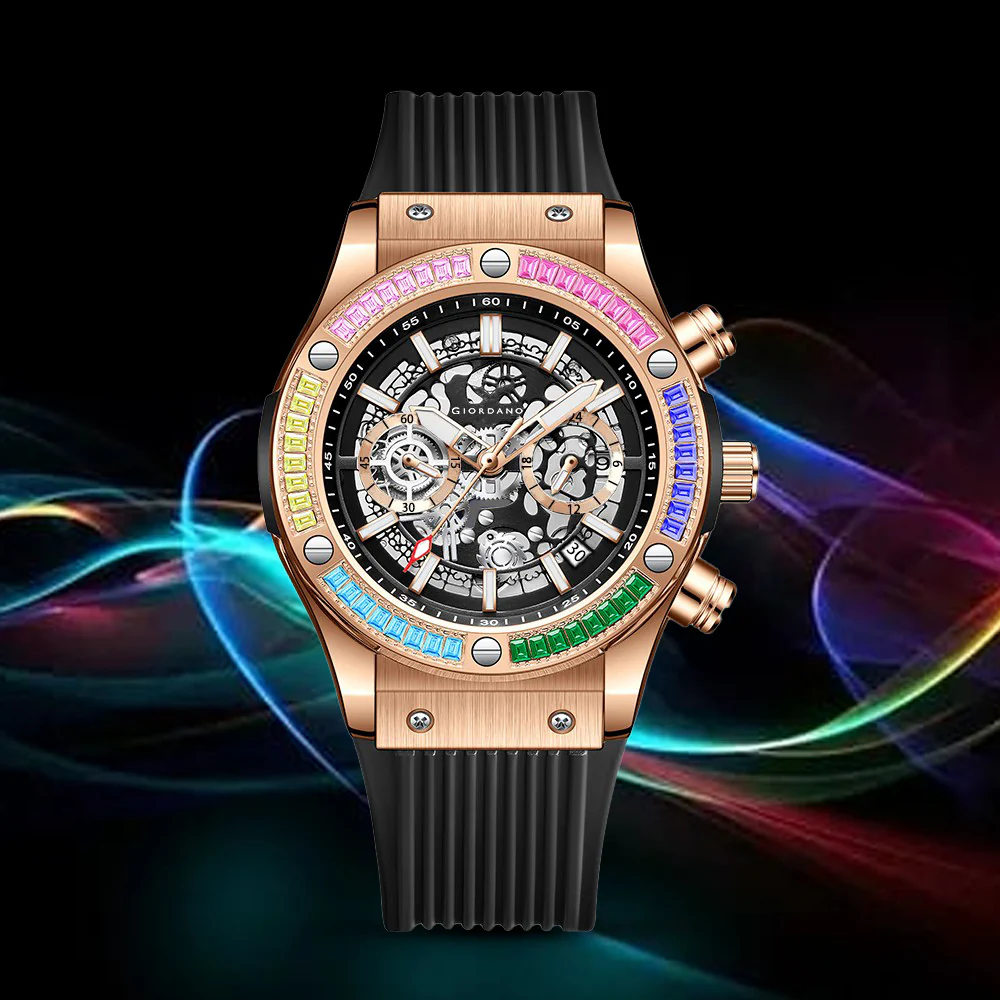 Giordano Multi-Function Watch for Men | Rainbow Crystal Bezel | Skeleton Dial | Black Sillicon Strap | GZ-50130-03 - Image 5