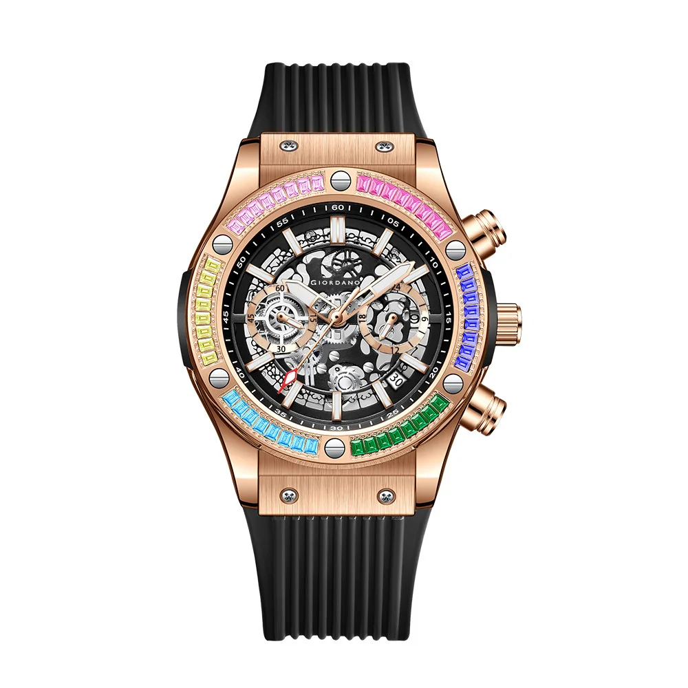 Giordano Multi-Function Watch for Men | Rainbow Crystal Bezel | Skeleton Dial | Black Sillicon Strap | GZ-50130-03 - Image 6
