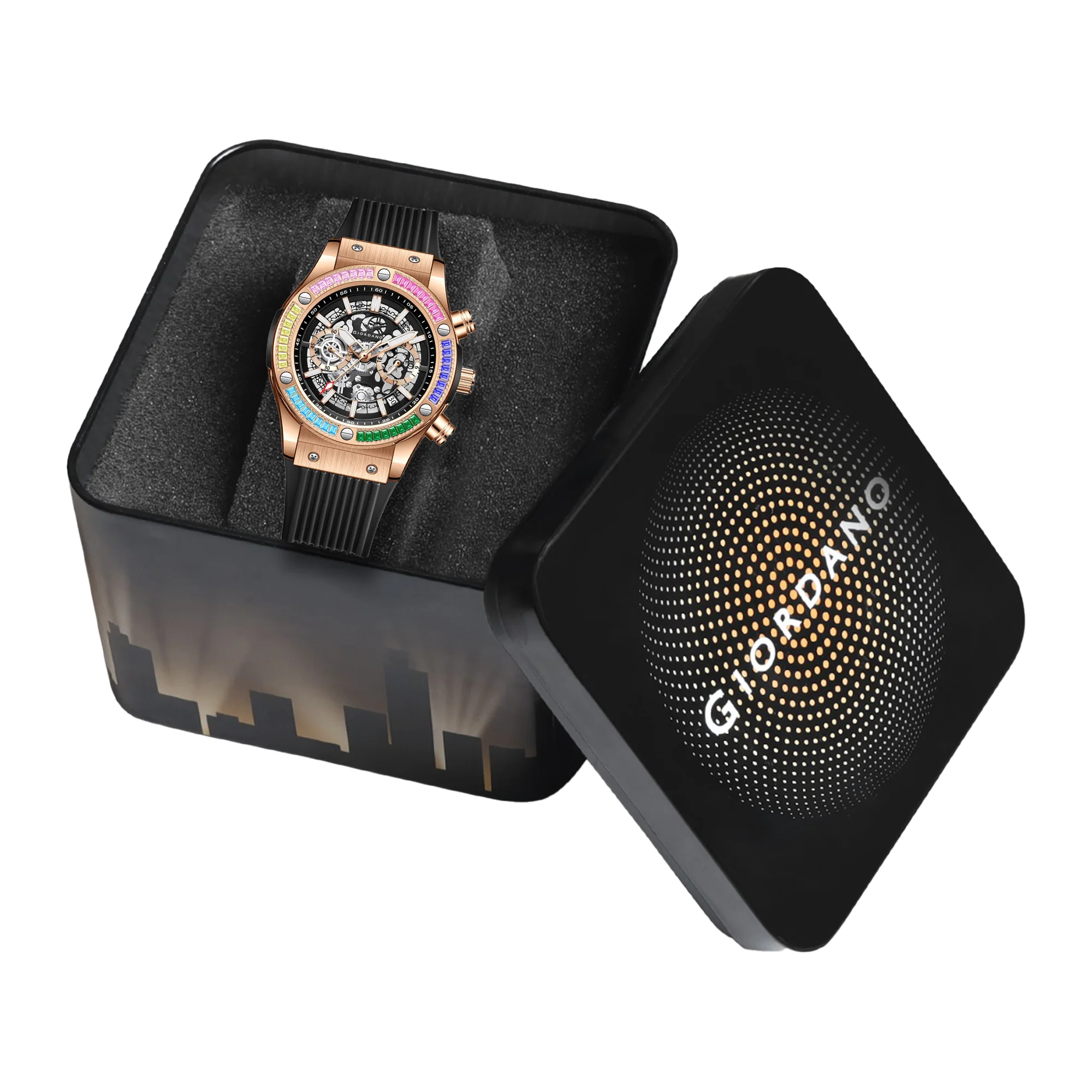 Giordano Multi-Function Watch for Men | Rainbow Crystal Bezel | Skeleton Dial | Black Sillicon Strap | GZ-50130-03 - Image 7