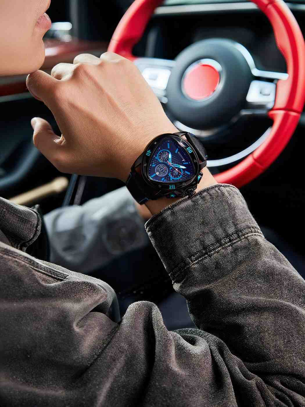 Giordano Multi Function Watch For Men -Unique Triangle Dial, Dual-Date Display With Leather Strap GZ-50132-01 - Image 3