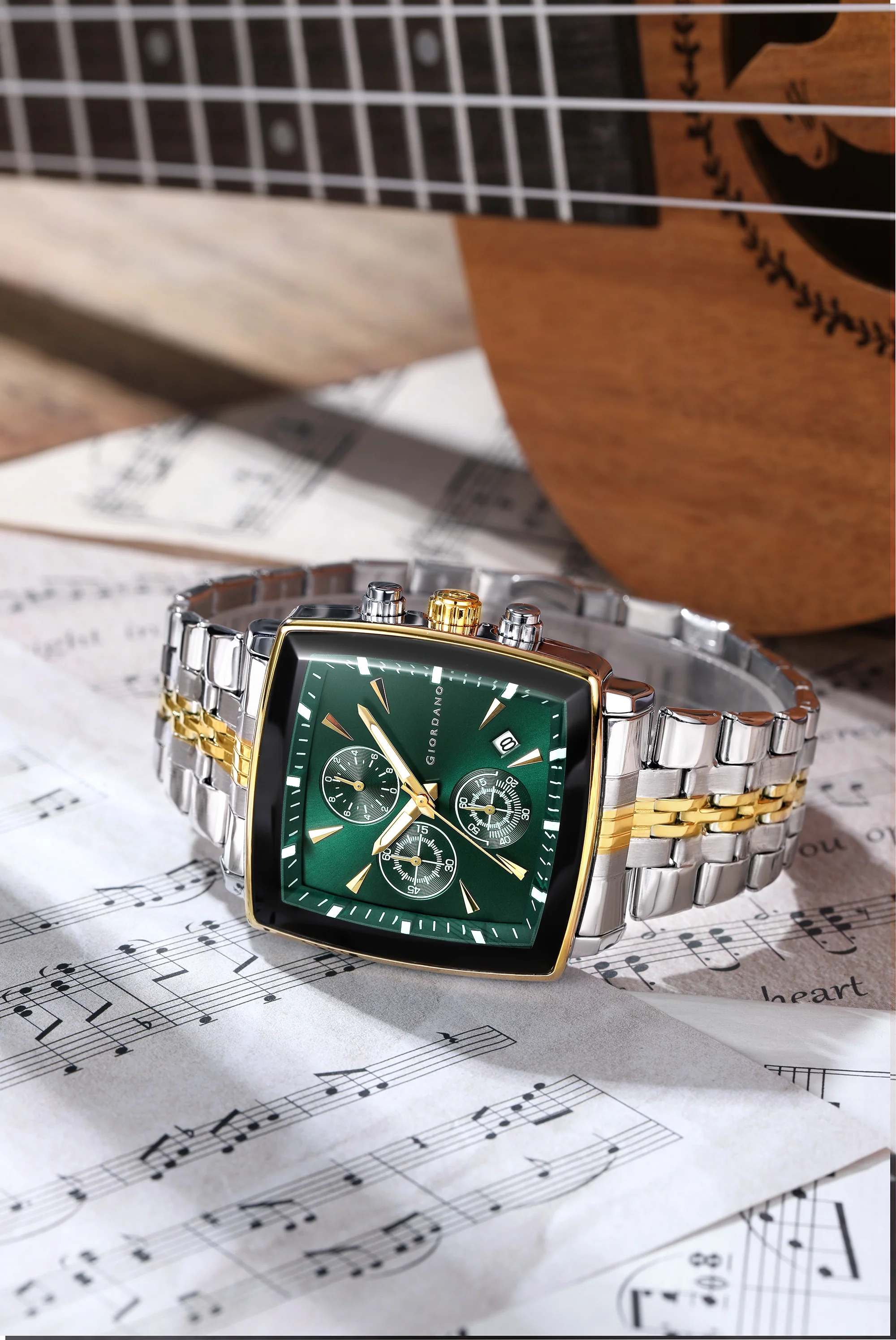 Giordano Multi Function Watch For Men With Square Green Dial, Stainless Steel Strap And Date Display GZ-50138-55 - Image 4