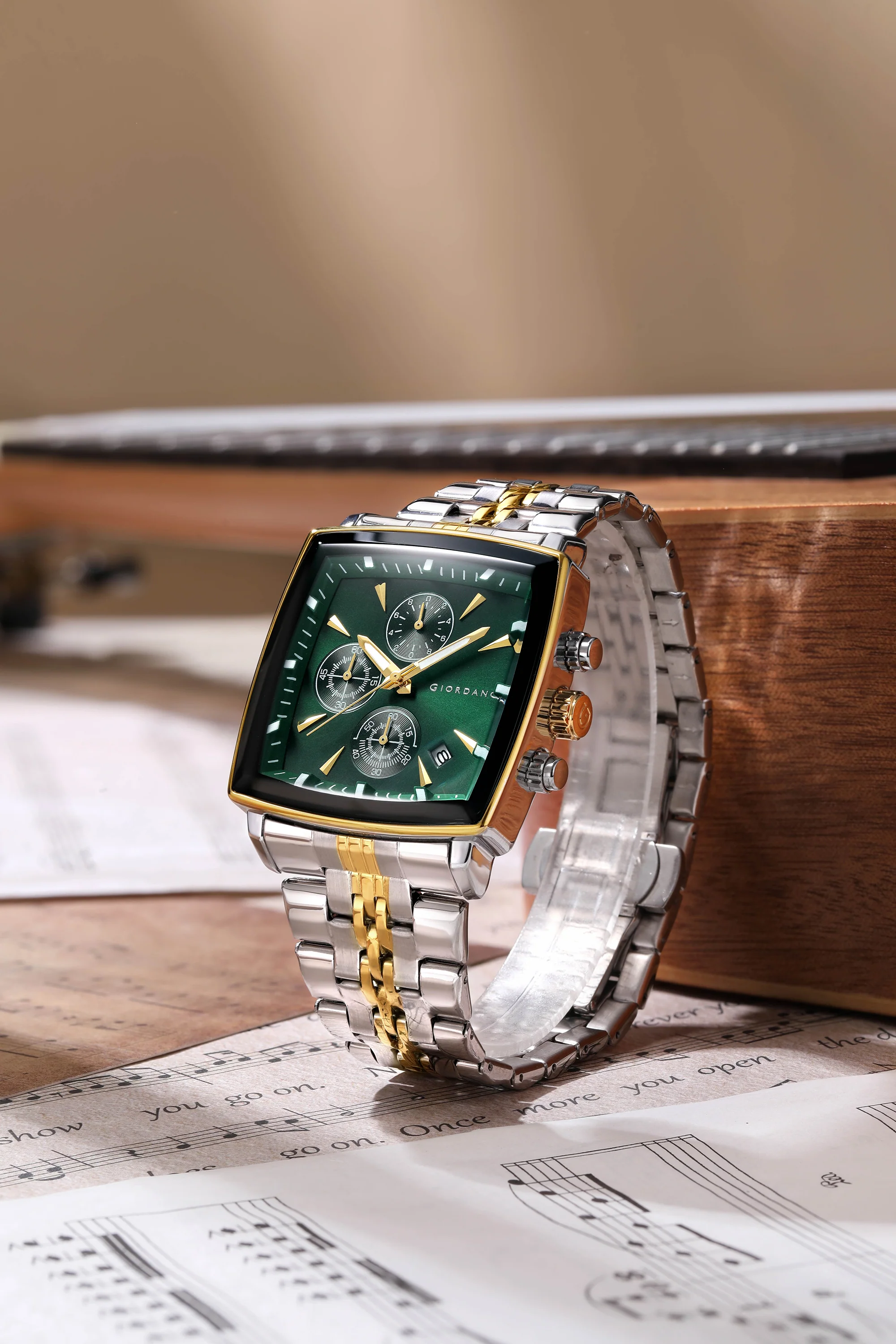 Giordano Multi Function Watch For Men With Square Green Dial, Stainless Steel Strap And Date Display GZ-50138-55 - Image 5