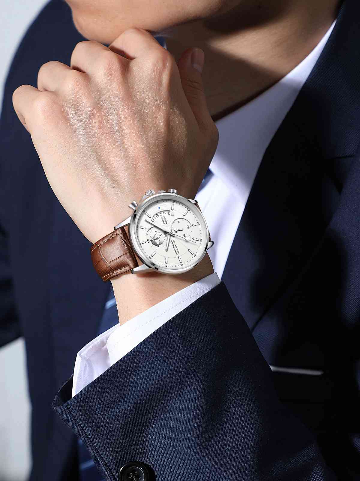 Giordano Mutifunction Watch for Men with Silver Dial, Date Display and Leather Strap GZ-50165-02 - Image 2