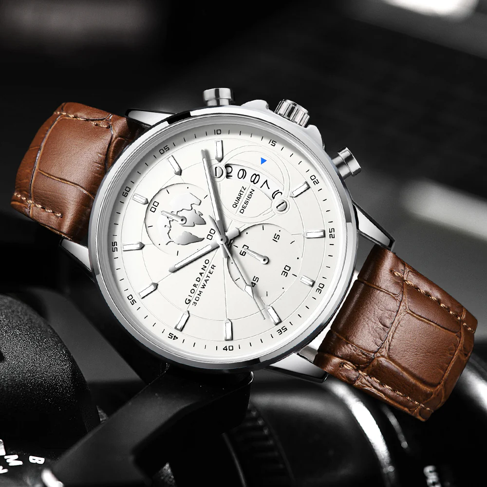Giordano Mutifunction Watch for Men with Silver Dial, Date Display and Leather Strap GZ-50165-02 - Image 4