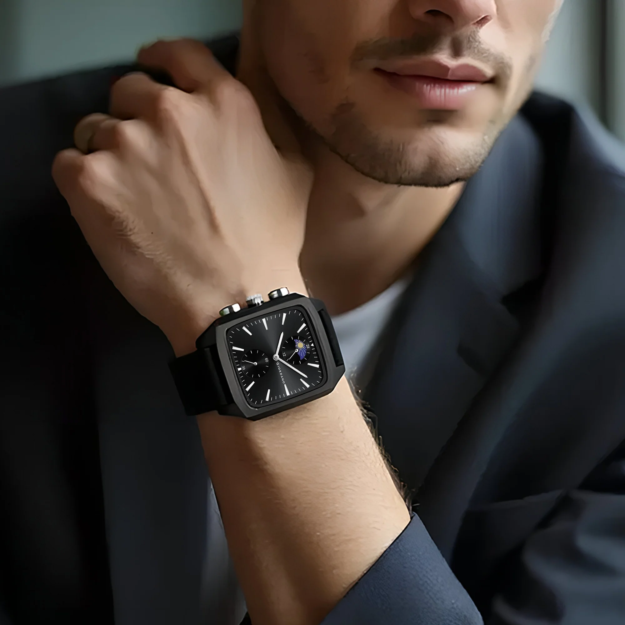 Giordano Premium Square Case Watch for Men | Moon Phase/24-Hour Indicator, Dual Subdials, Silicone Strap GZ-50166-01 - Image 2