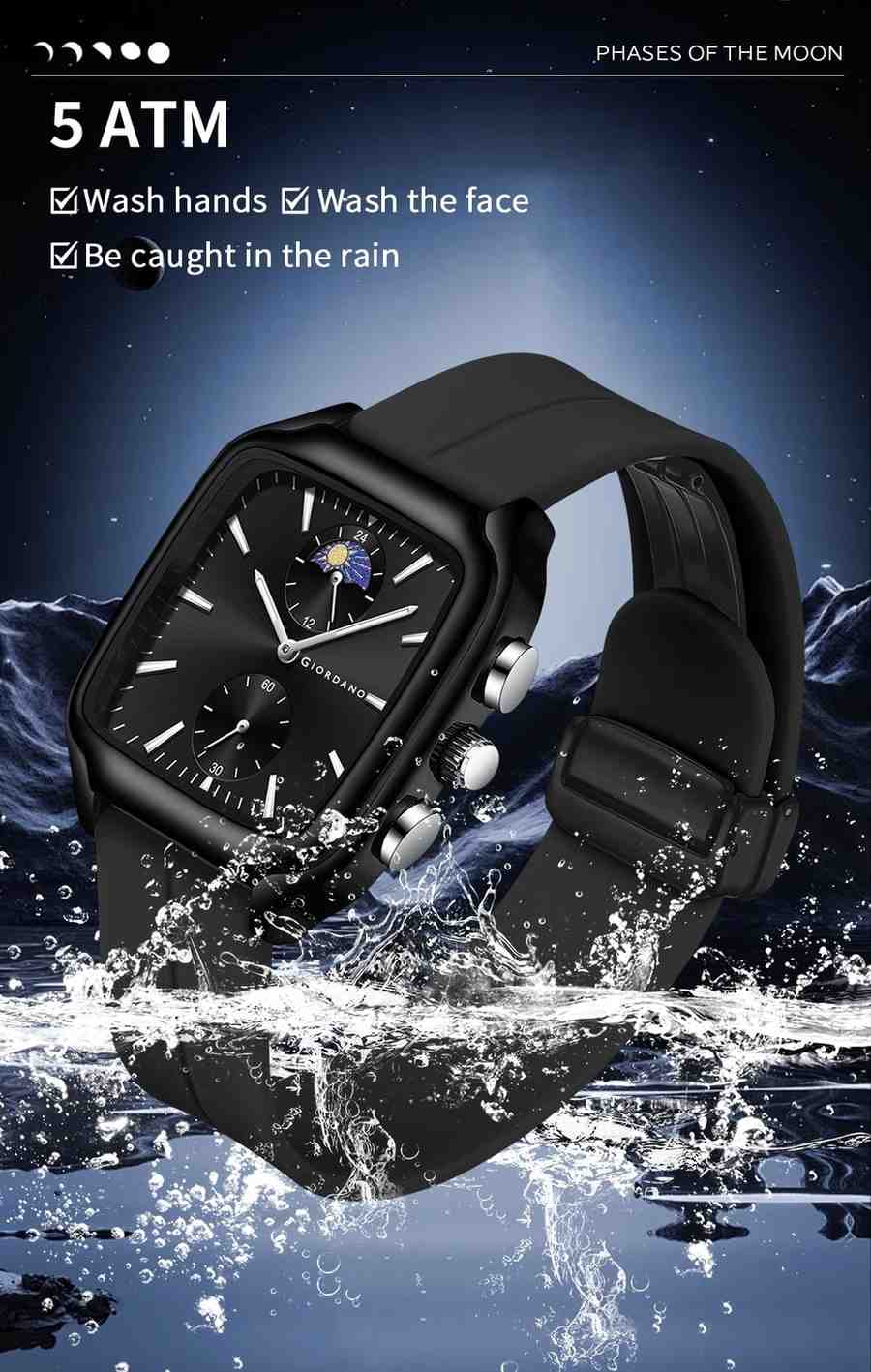Giordano Premium Square Case Watch for Men | Moon Phase/24-Hour Indicator, Dual Subdials, Silicone Strap GZ-50166-01 - Image 3