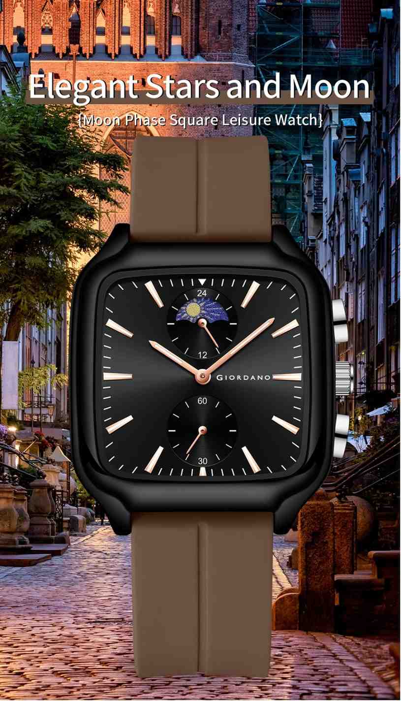 Giordano Premium Square Case Watch for Men | Moon Phase/24-Hour Indicator, Dual Subdials, Silicone Strap GZ-50166-02 - Image 2