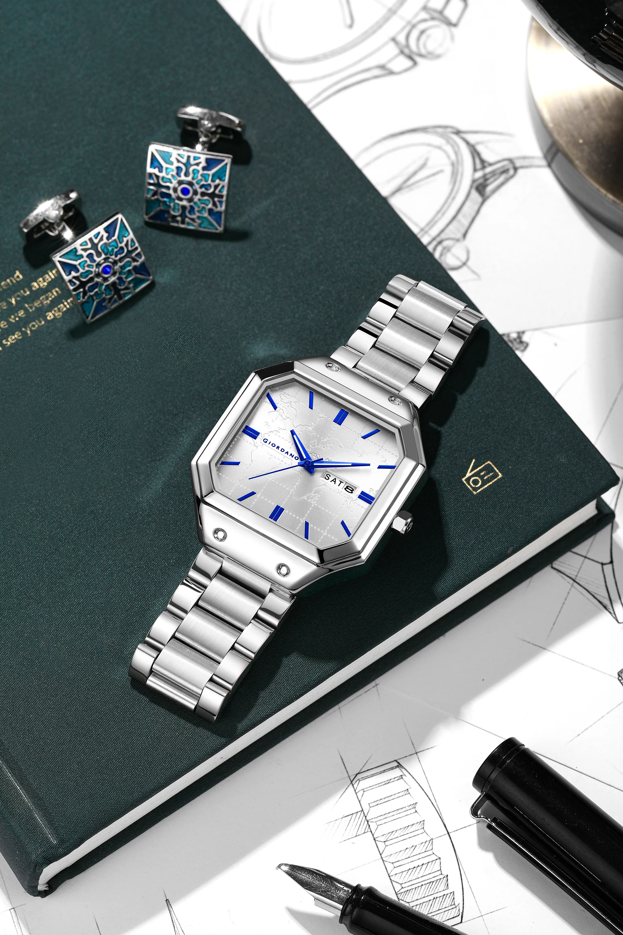 Giordano Premium  watch for men – Unique Octagone Case, Stainless Steel Band with Day & Date Display-GZ-50126-22 - Image 5